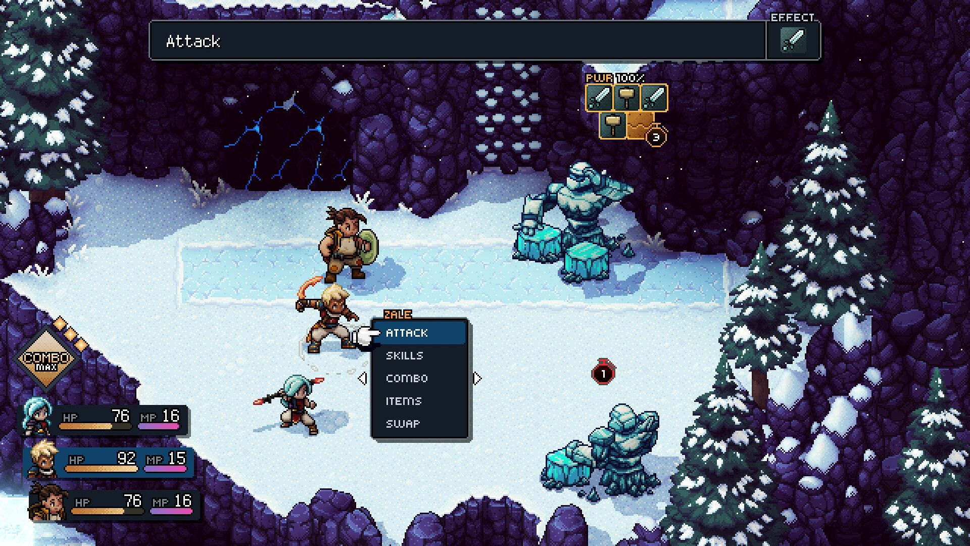 The party fights in a snowy area with the turn-based Attack, Skills and Items menu visible.