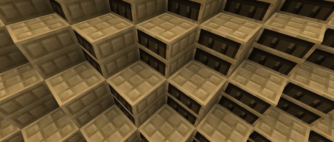 Chiseled bookshelves filled with books inside a Minecraft room.