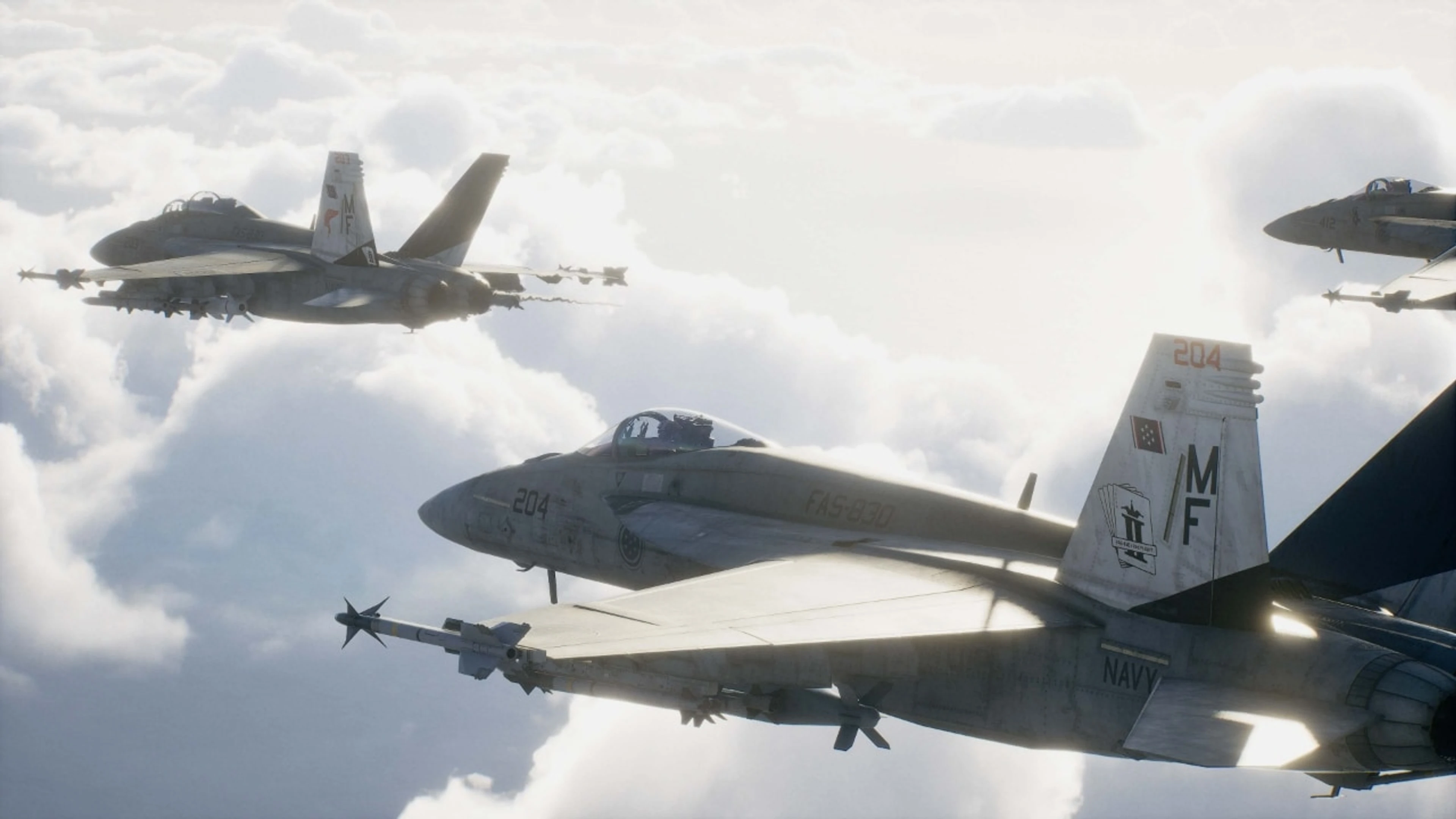 Fighter jets fly together above thick clouds in Ace Combat 8.