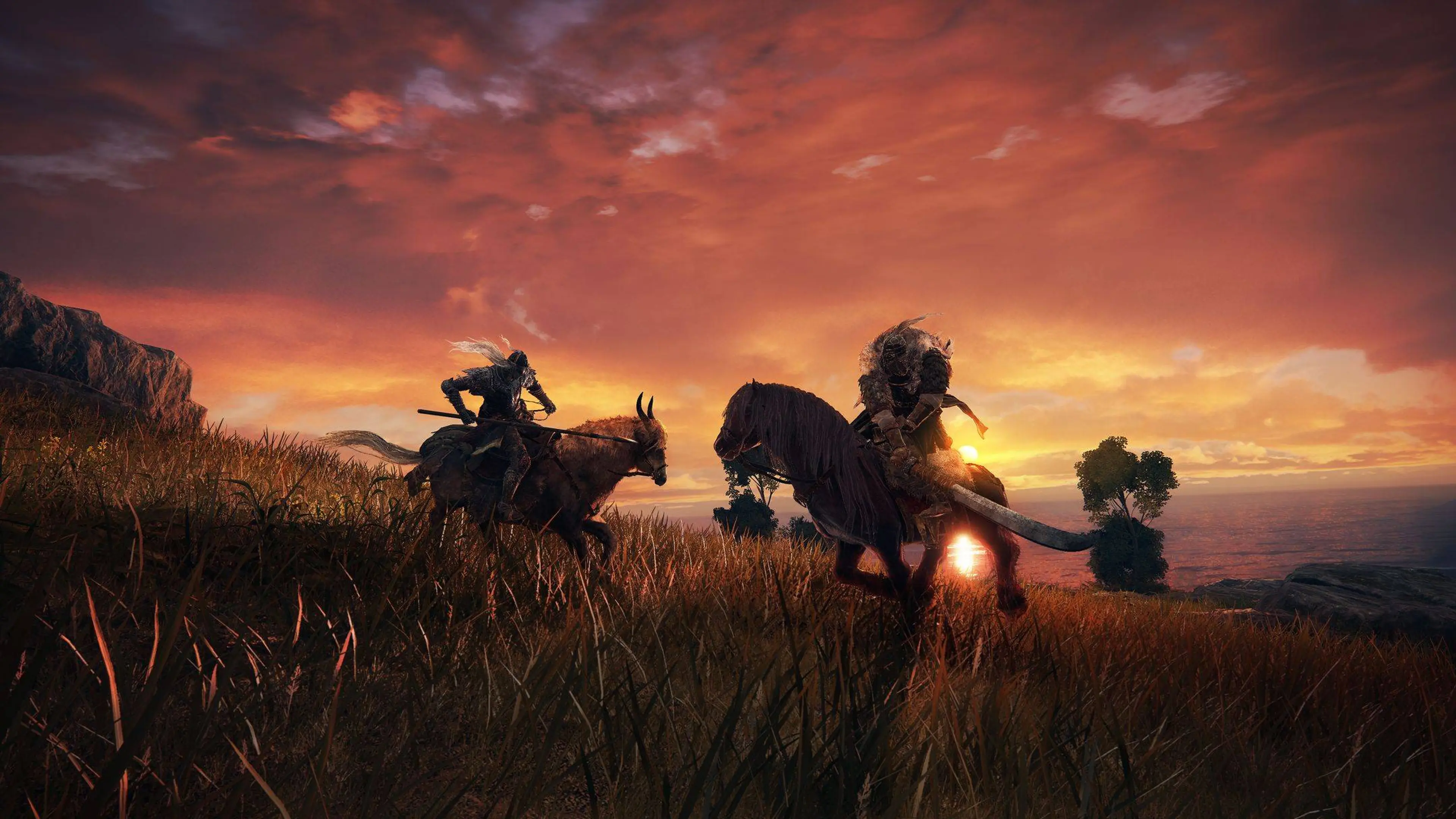 Two mounted warriors face each other in a field at sunset in Elden Ring.