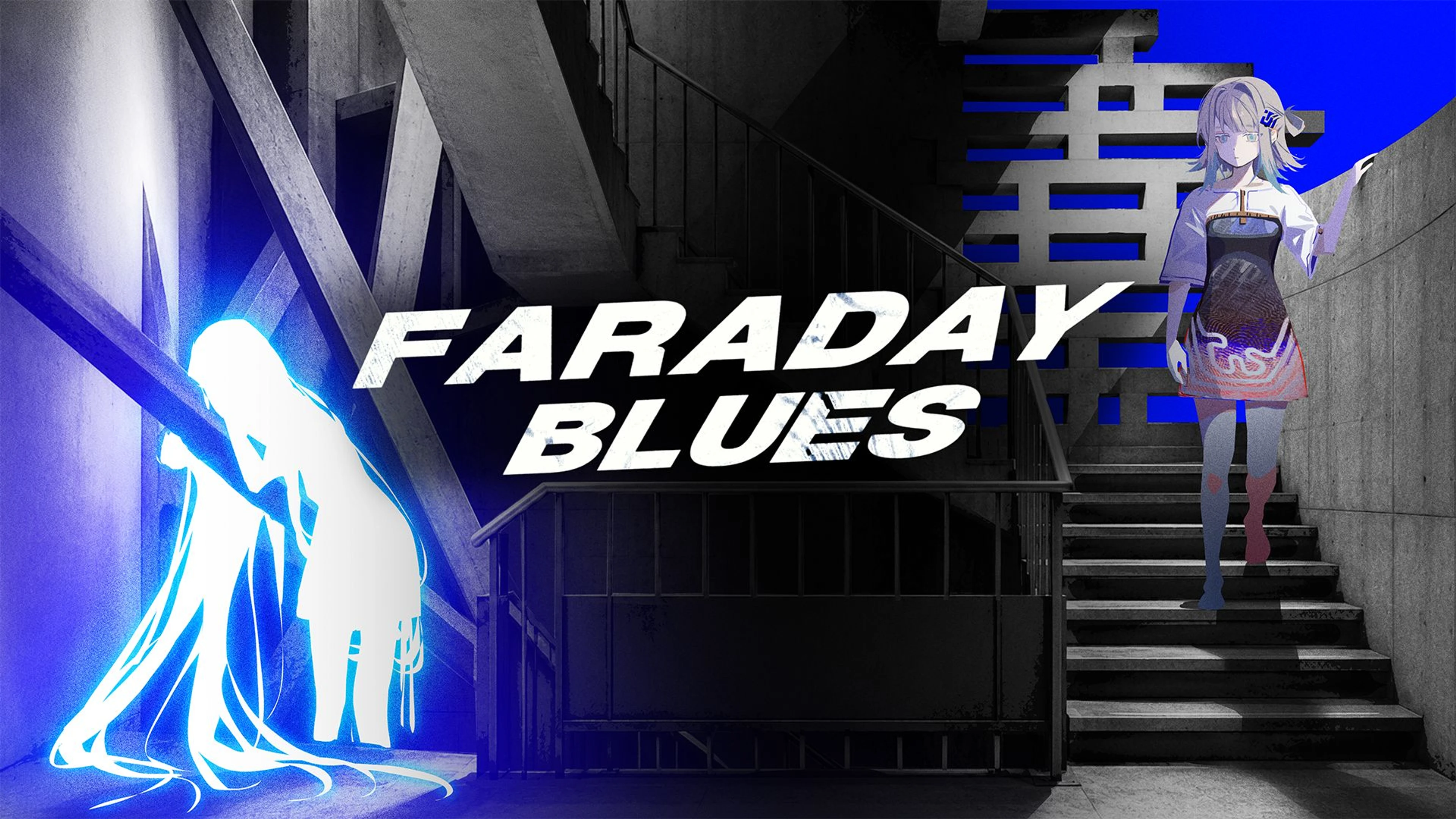 Official Faraday Blues artwork with the game title and its blue-toned cast.