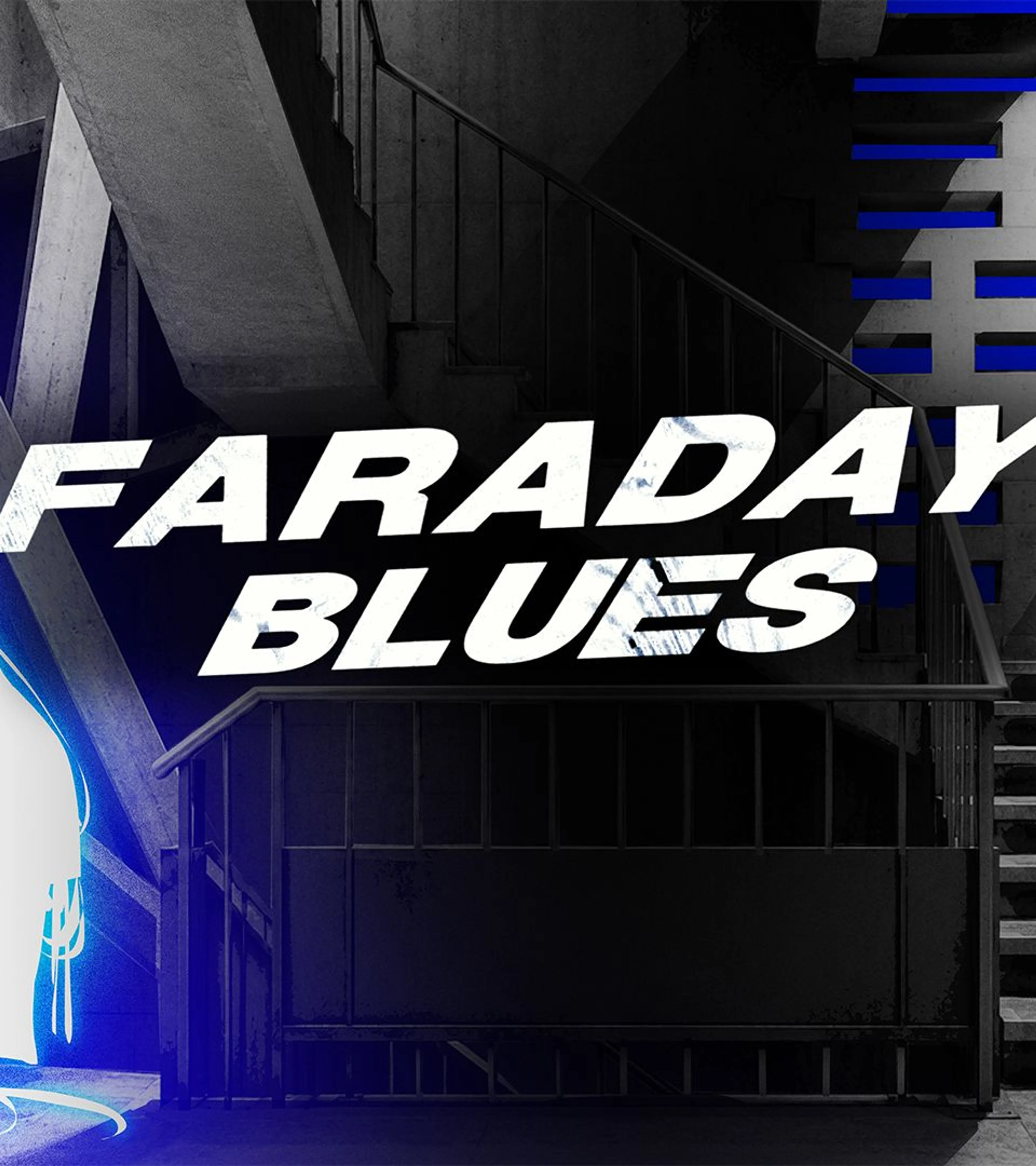 Official Faraday Blues artwork with the game title and its blue-toned cast.