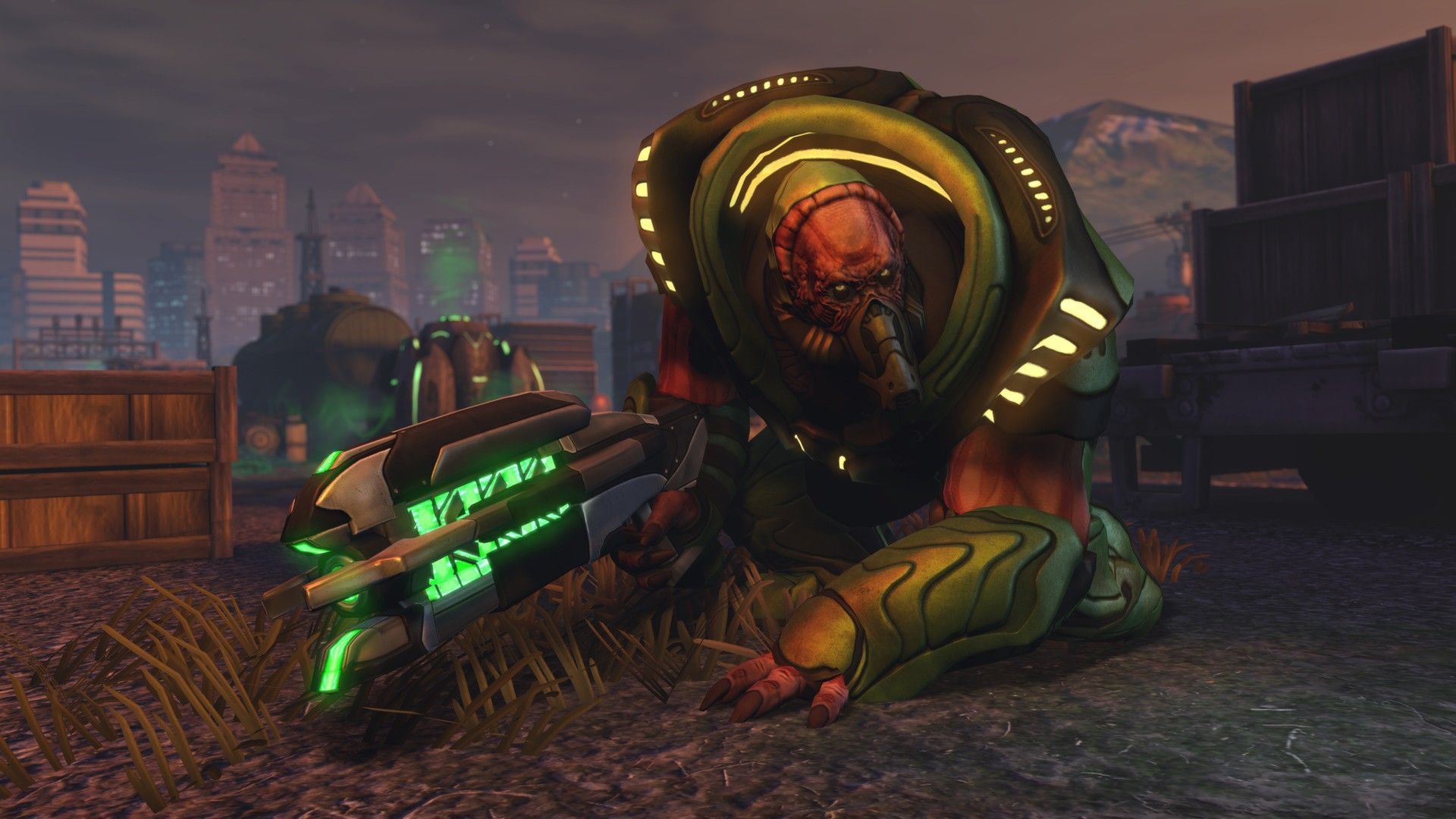 An armored alien with a glowing weapon appears on a city street.