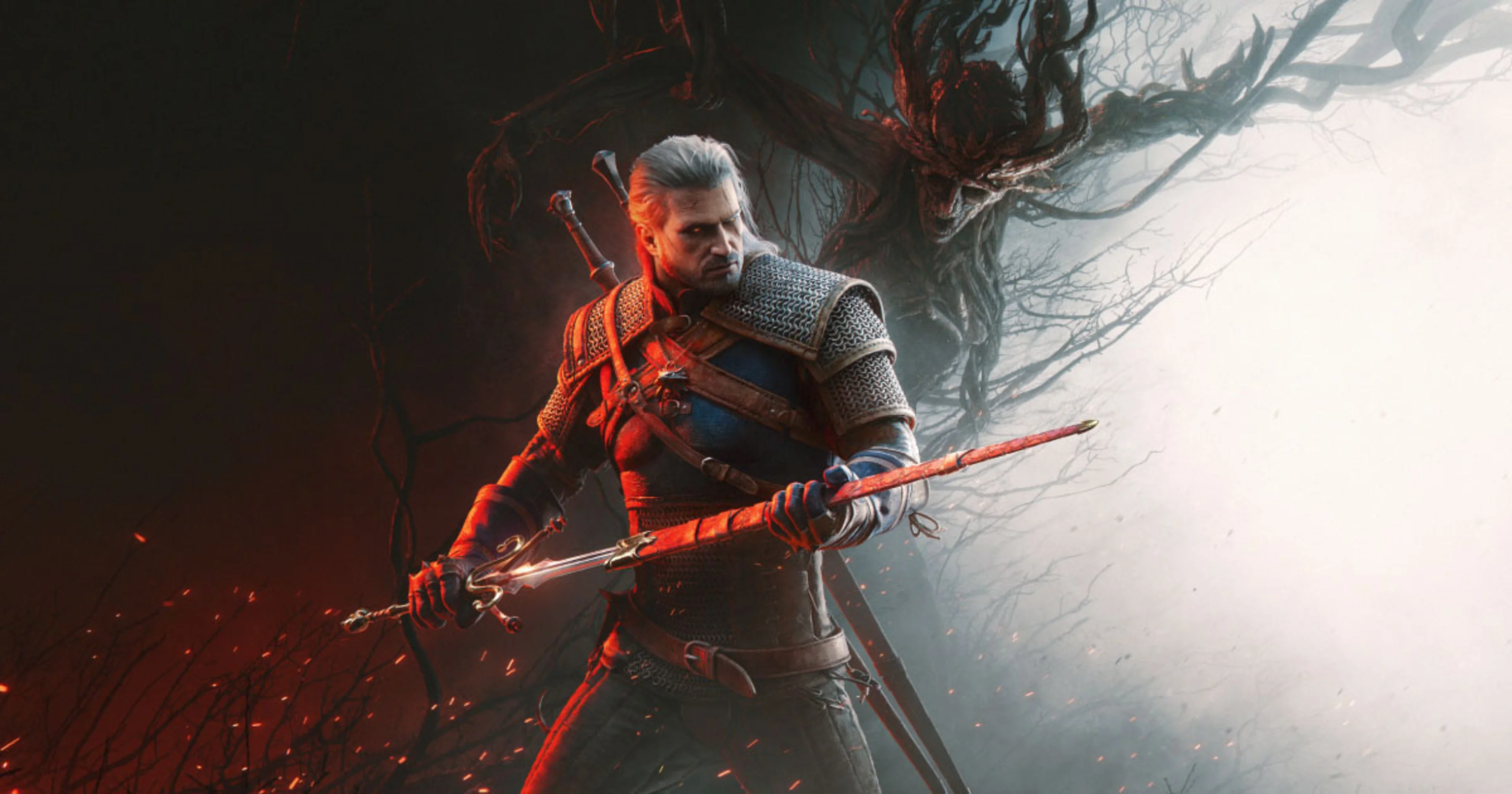 Geralt of Rivia holds a sword in a dark forest beneath a giant twisted tree in official Songs of the Past artwork.