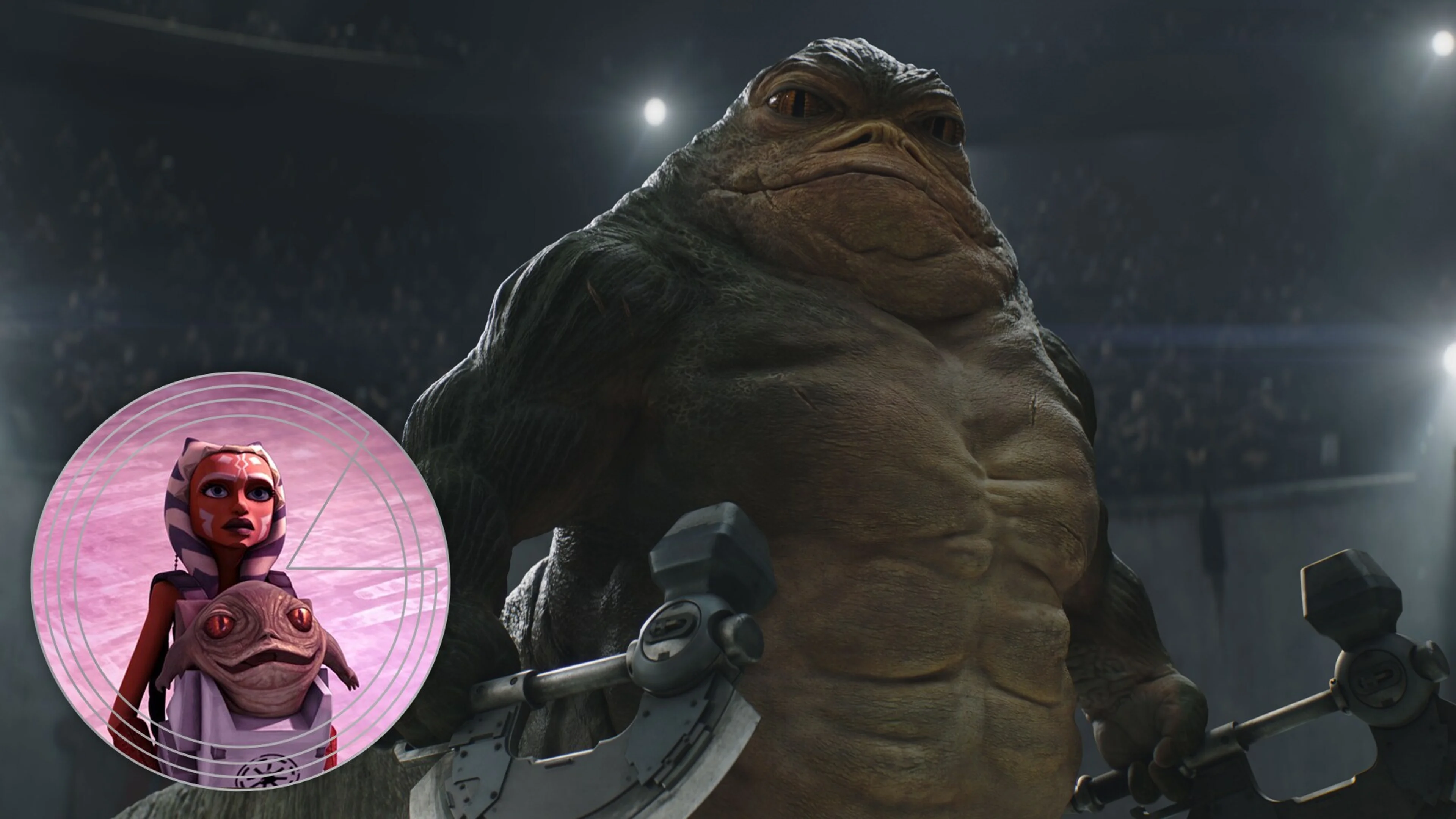Rotta the Hutt stands in the Shakari arena in official film imagery.