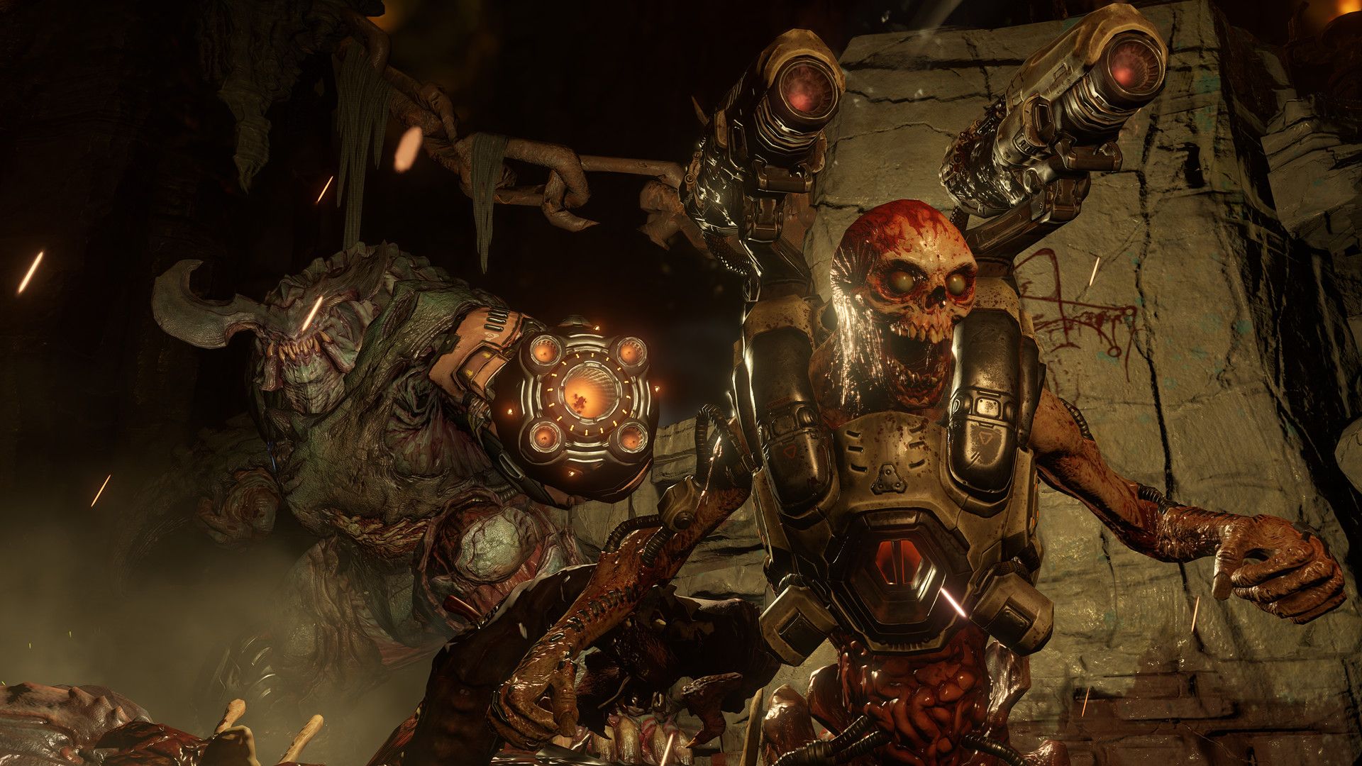 Several demons face the player in a dark facility room.