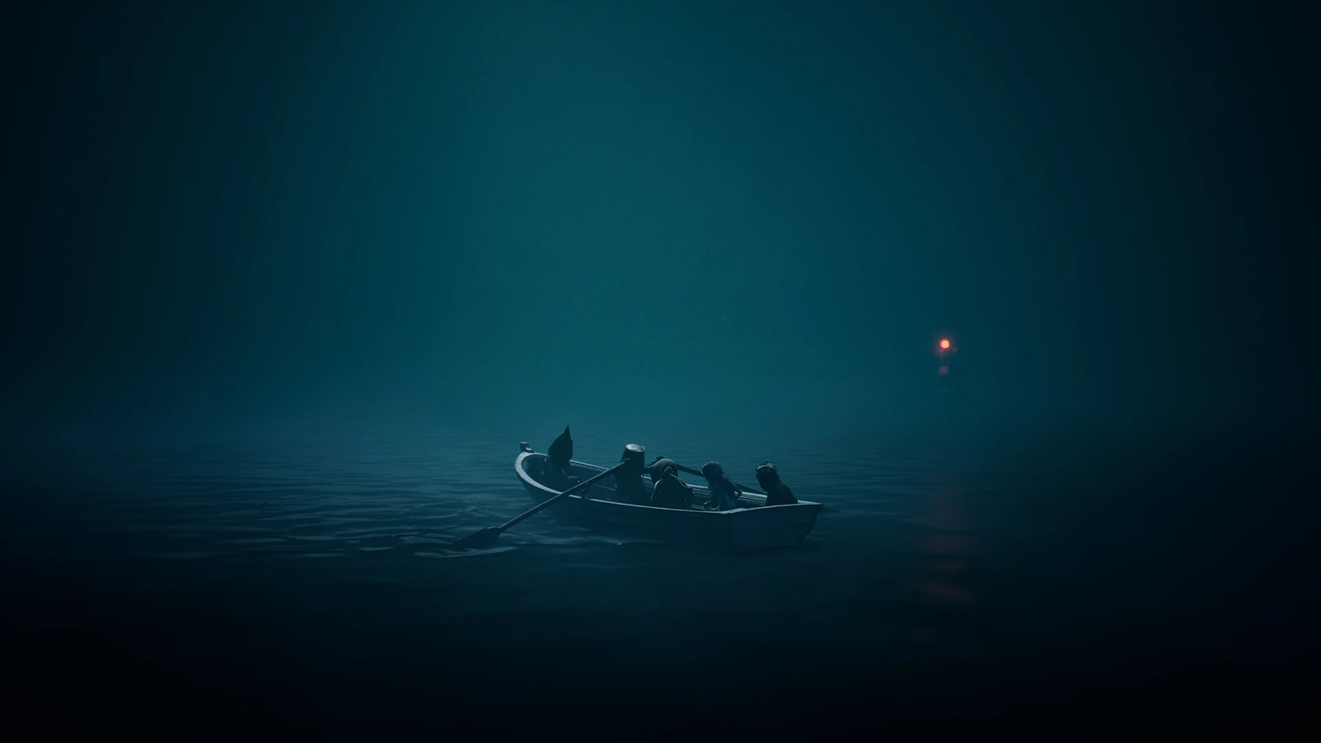 Small figures travel across dark water in a rowboat in REANIMAL.