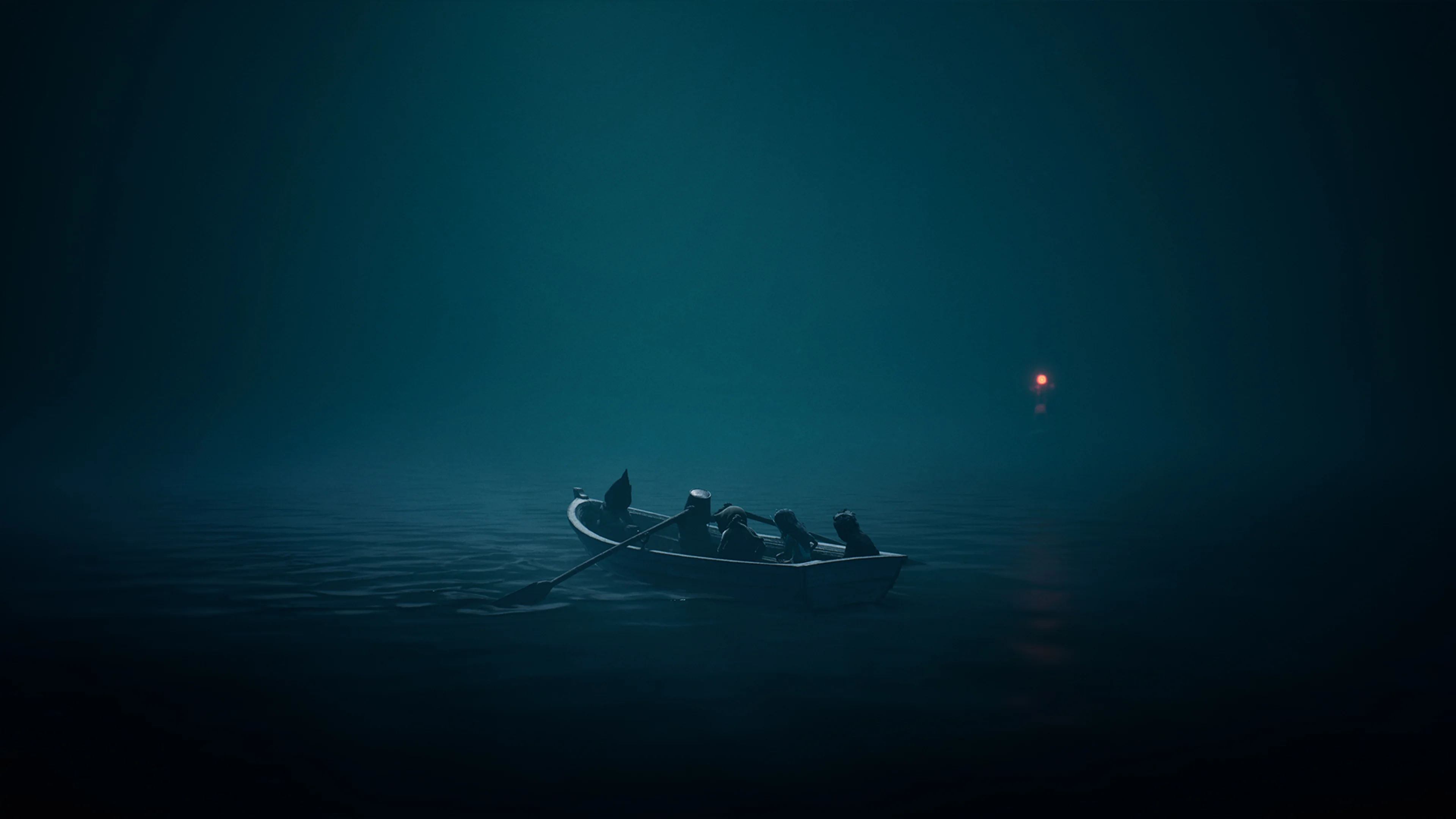 Four small characters travel across dark water in a rowboat in REANIMAL.