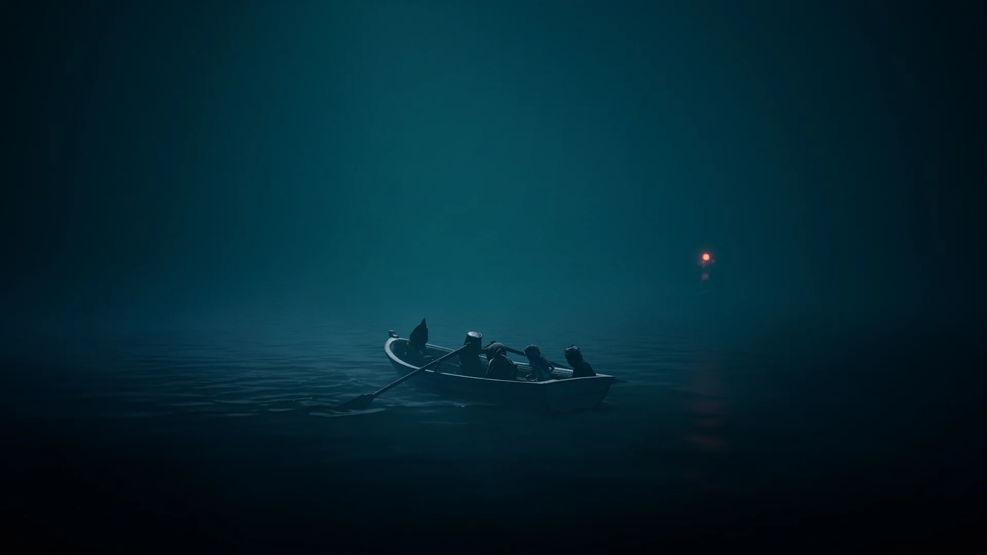 Four small characters travel across dark water in a rowboat in REANIMAL.