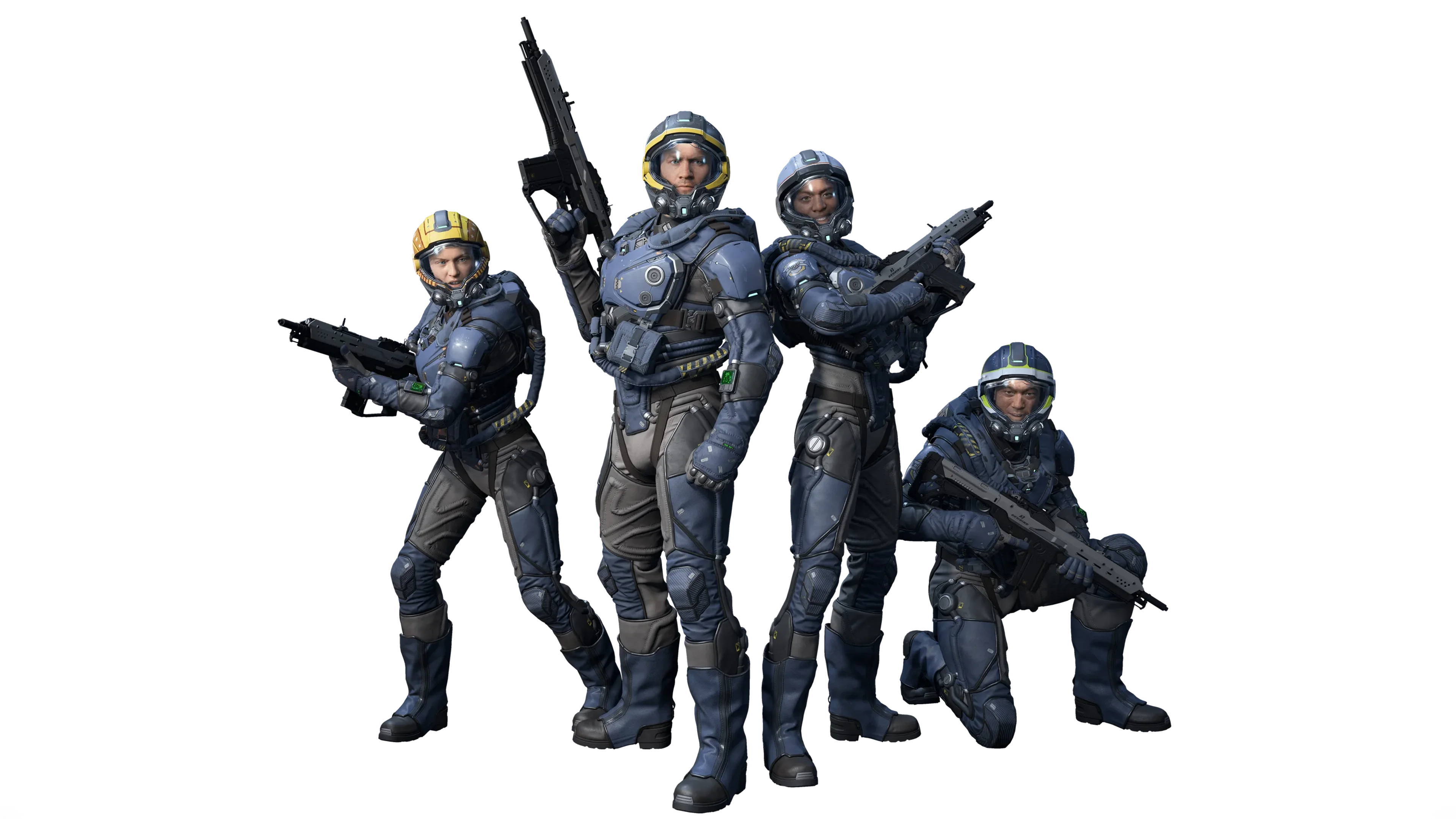 Four armored Squadron 42 crew members hold rifles in official game artwork.