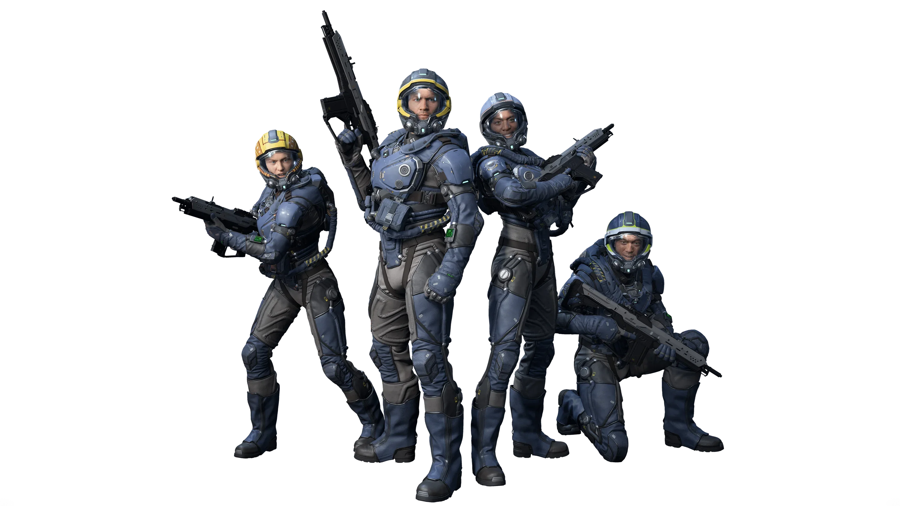 Four armored Squadron 42 crew members hold rifles in official game artwork.