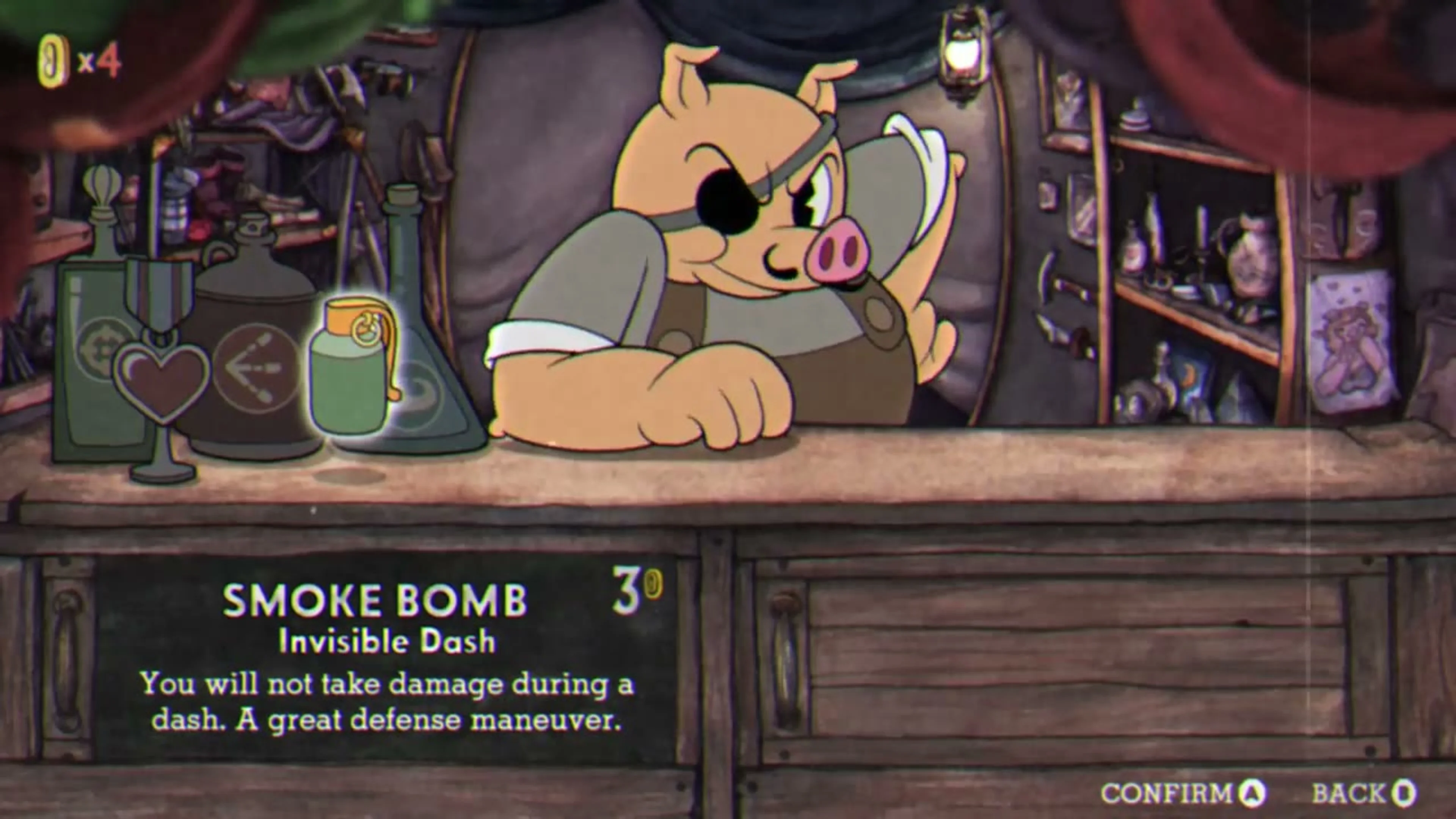 Porkrind stands behind his shop counter while Smoke Bomb is selected with a three-coin cost and a short description.