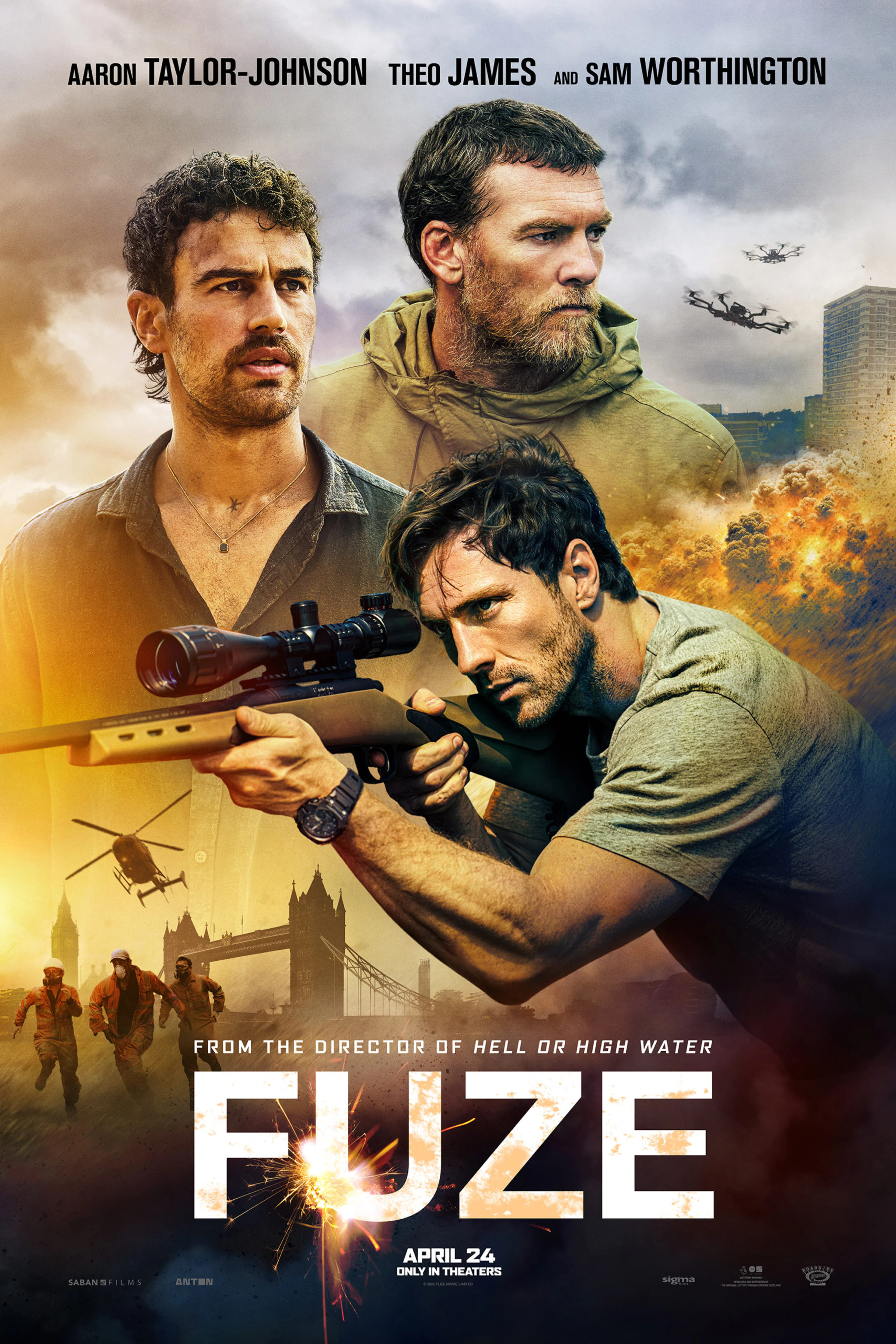 Official Fuze poster featuring Aaron Taylor-Johnson and Theo James above the London skyline.