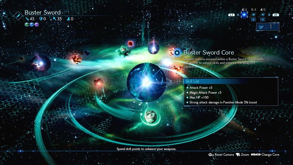 Final Fantasy VII Remake Materia menu showing a highlighted Materia crystal and its abilities.
