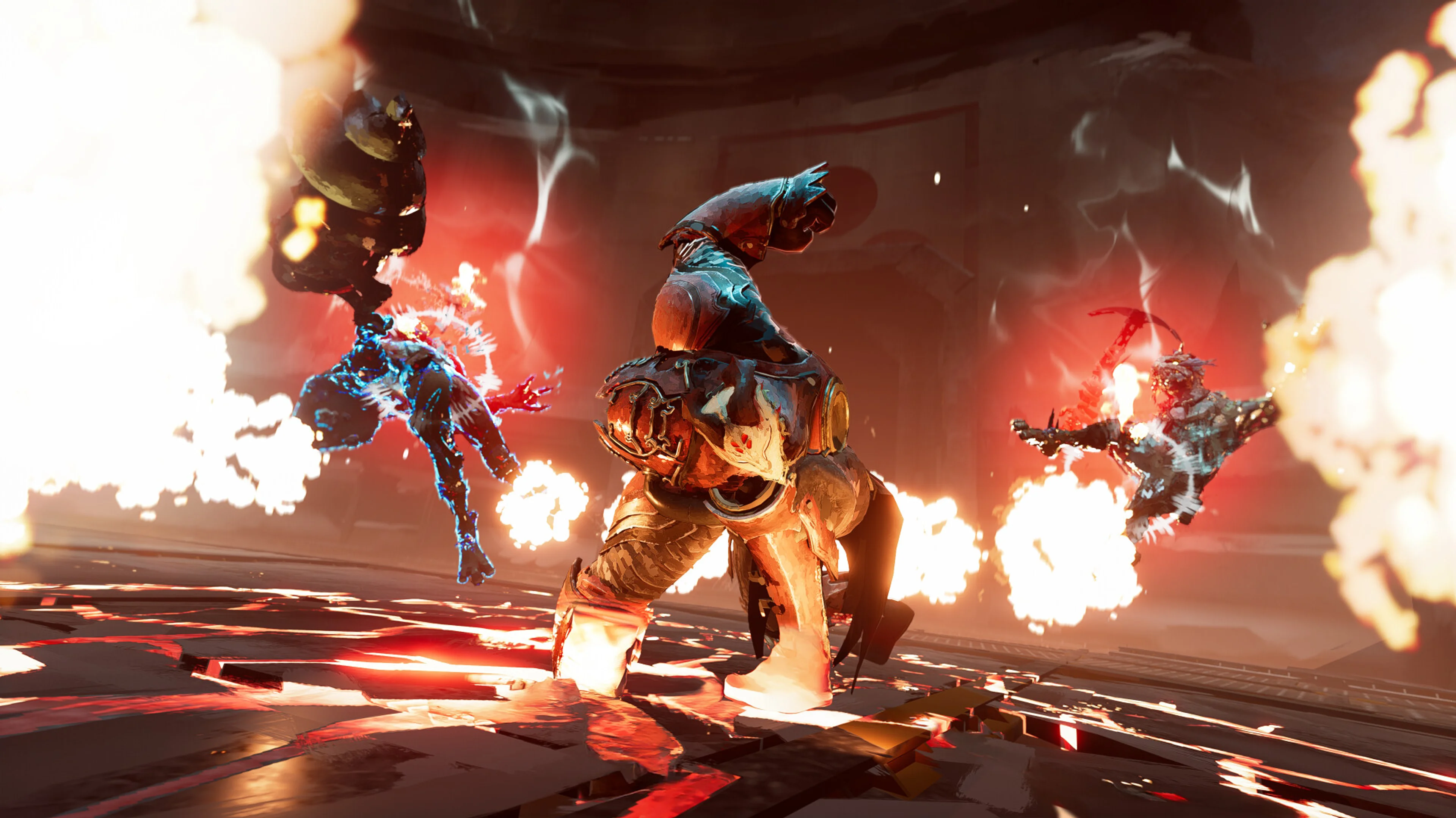 Victus raises a fist as fiery magical attacks strike nearby enemies.