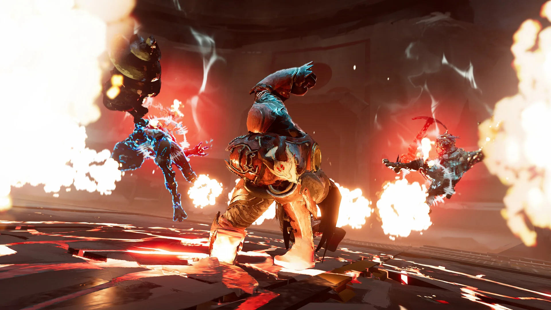 Victus raises a fist as fiery magical attacks strike nearby enemies.