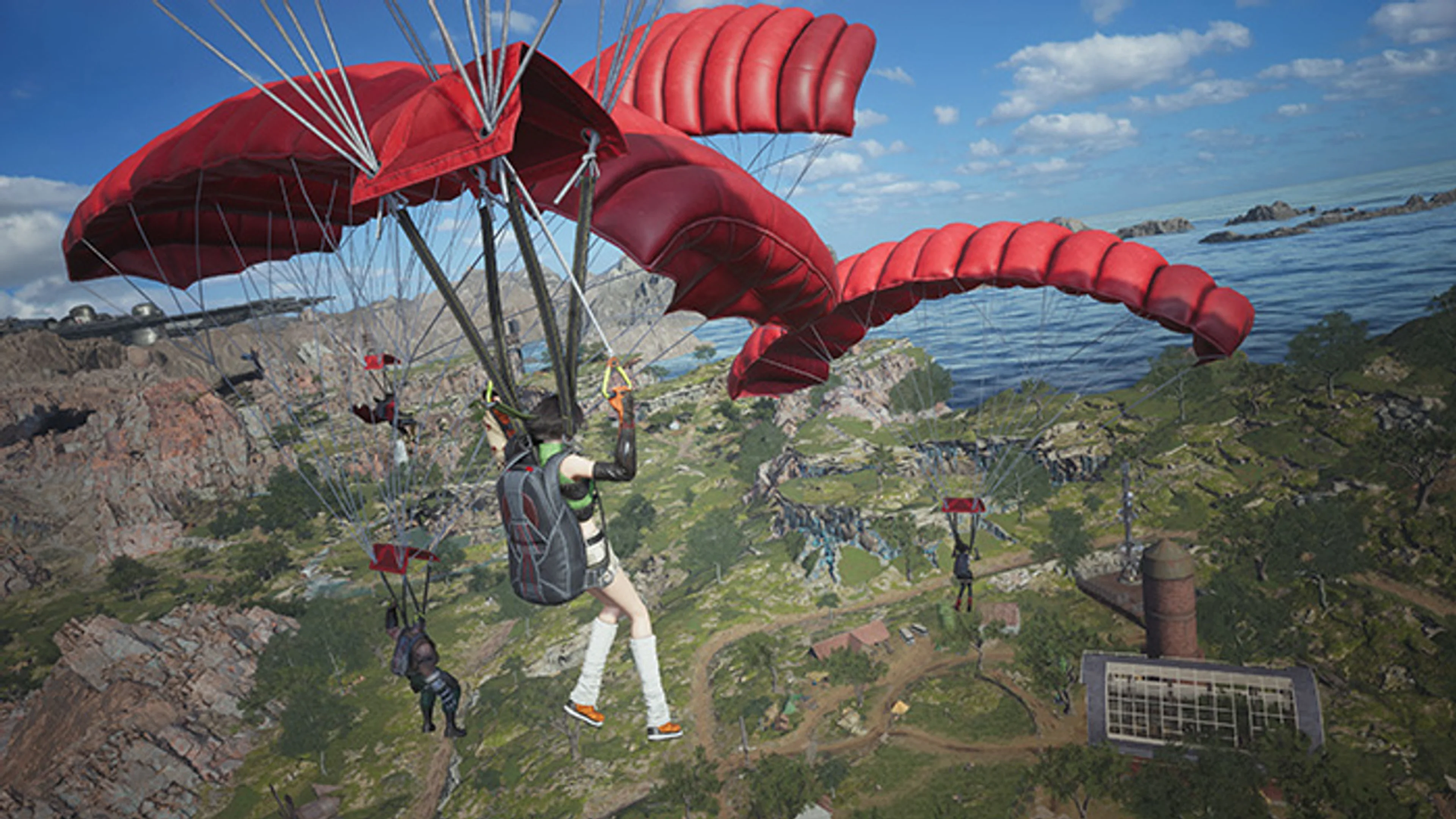 A party member parachutes toward a coastal landscape in official Final Fantasy VII Revelation gameplay footage.