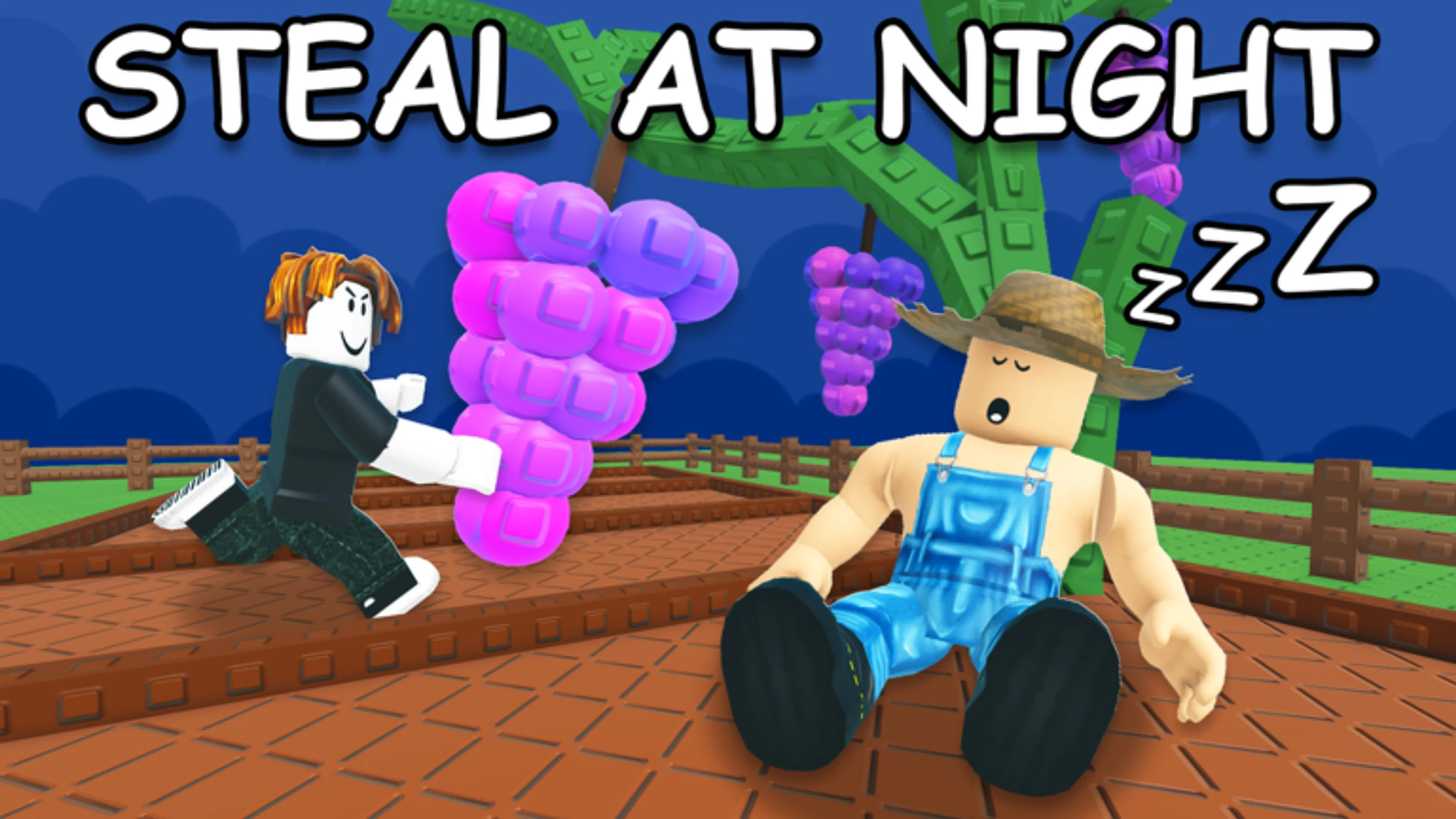 A Grow a Garden 2 player carrying grapes away from another player's garden at night.