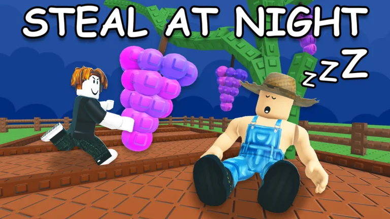 A Grow a Garden 2 player carrying grapes away from another player's garden at night.