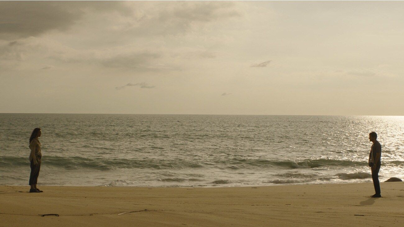 Linda and Bradley stand far apart on a beach at sunset.