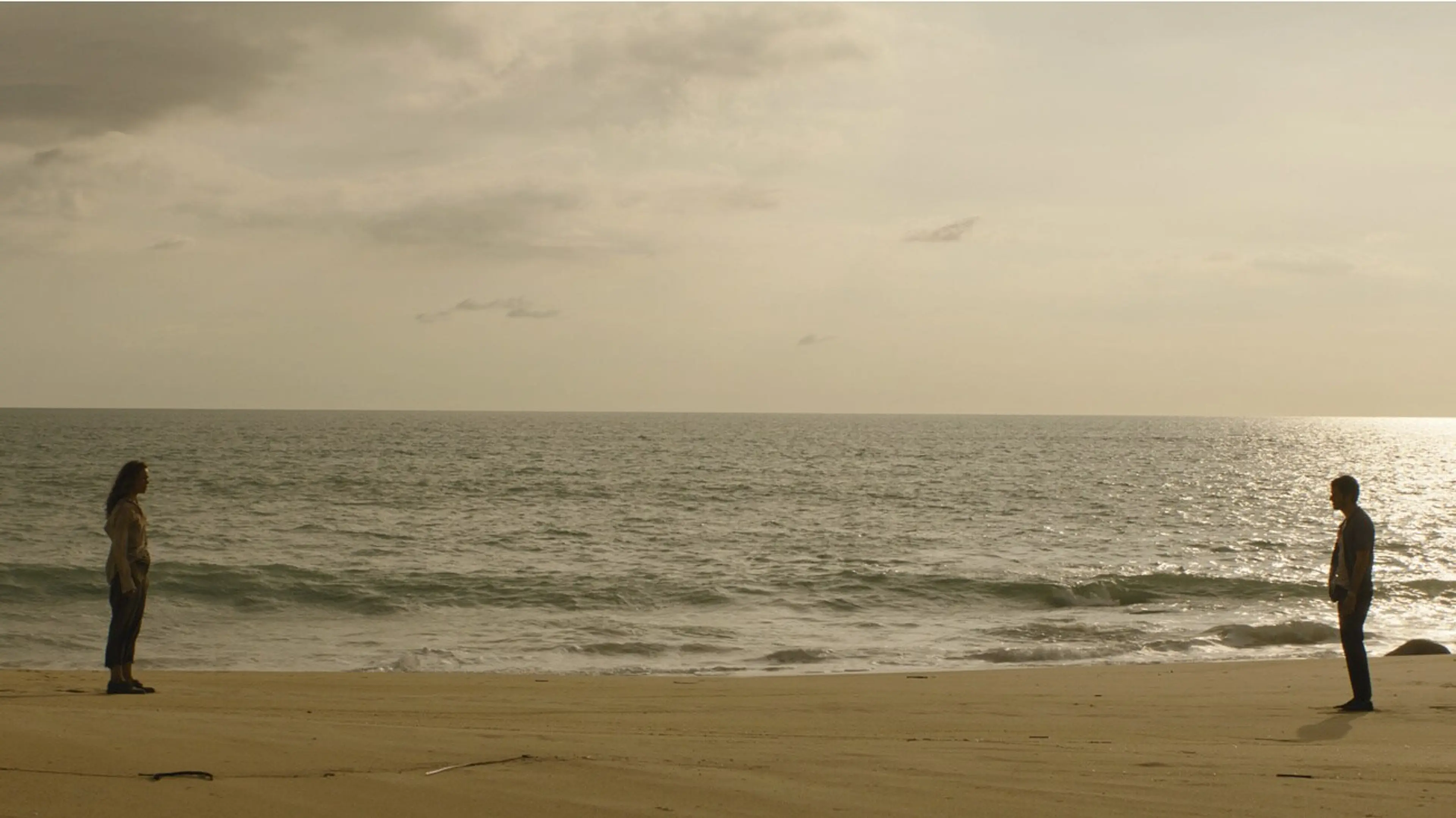 Linda and Bradley stand far apart on a beach at sunset.