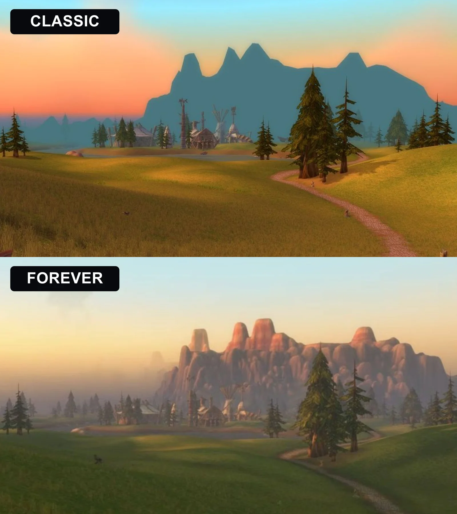 Close comparison of distant mountains and fog in WoW Classic on top and WoW Forever below.