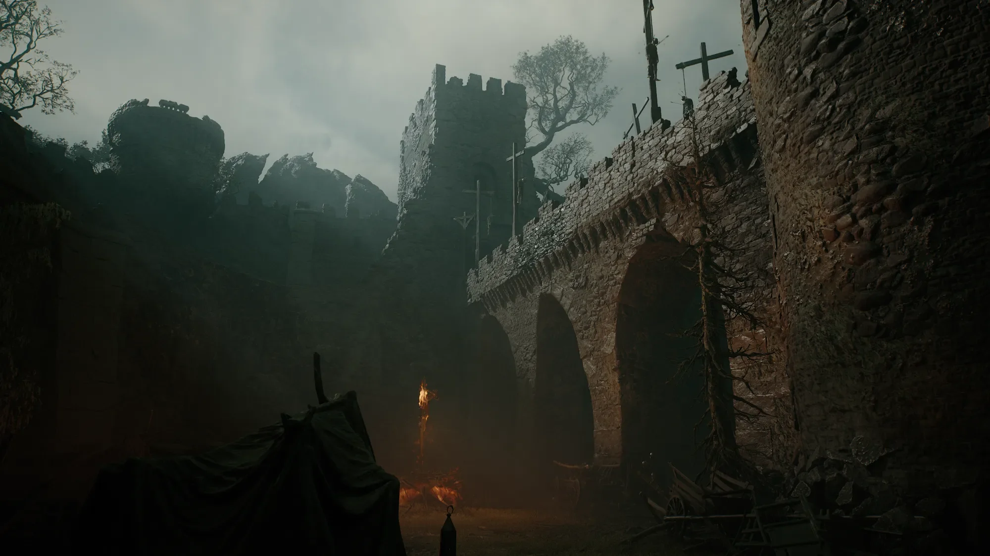 A ruined stone bridge and fortress appear in Mortal Shell II’s dark world.