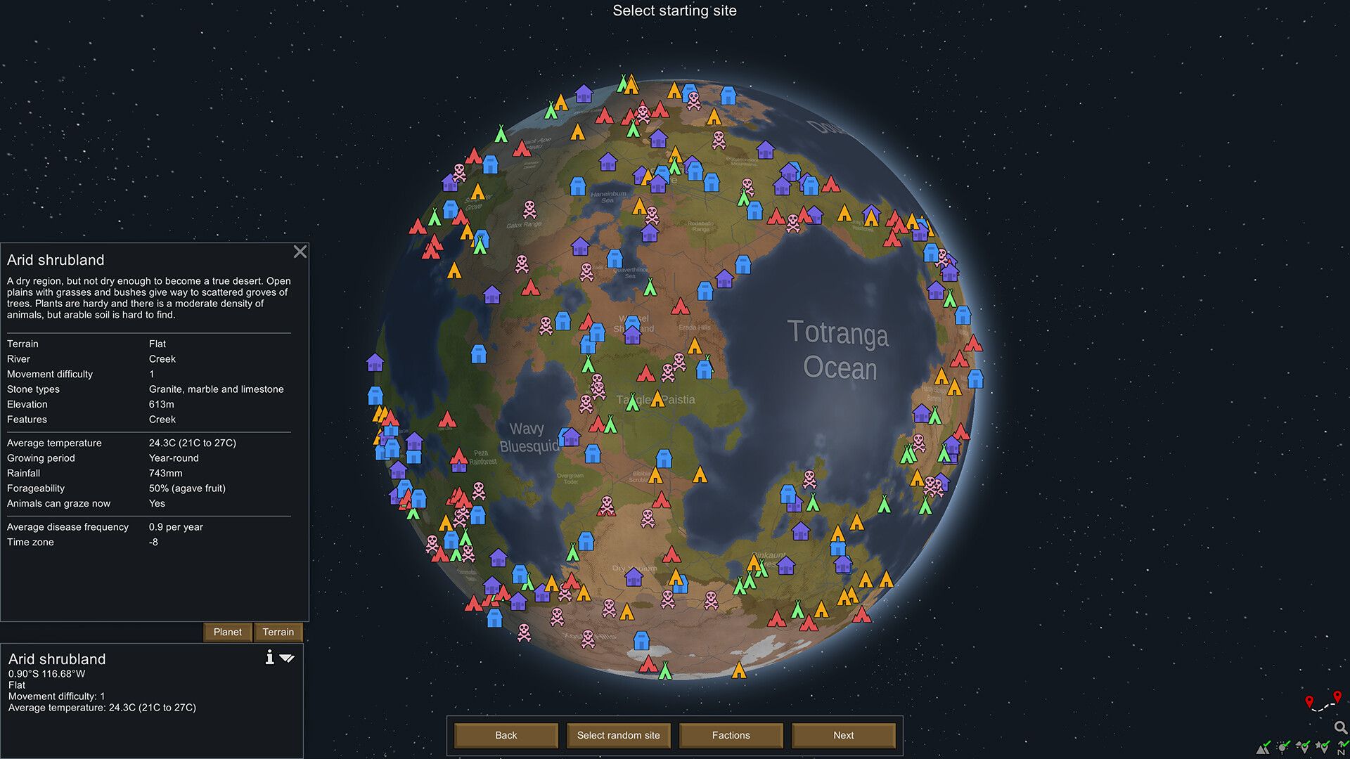 The world map shows many possible landing sites and a site information panel.