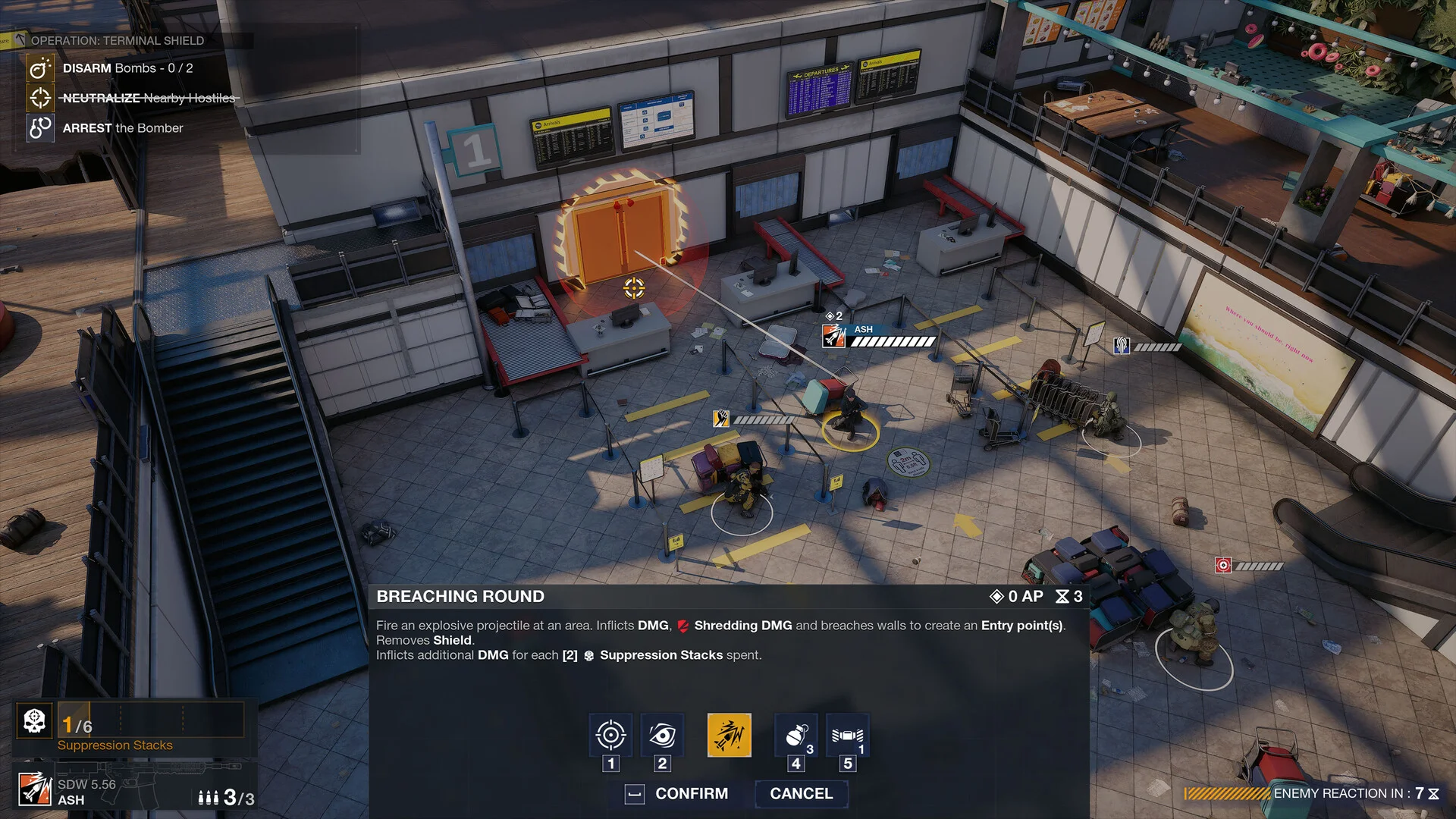 A turn-based Rainbow Six Tactics mission shows an airport terminal from above as an Operator prepares a breach through a marked doorway.