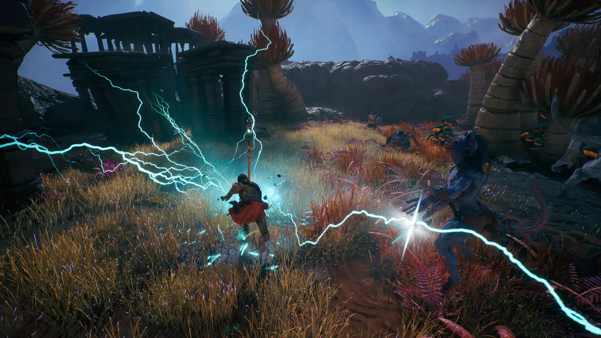 Raji casts blue lightning across a battlefield while a creature charges in Raji: Kaliyuga.