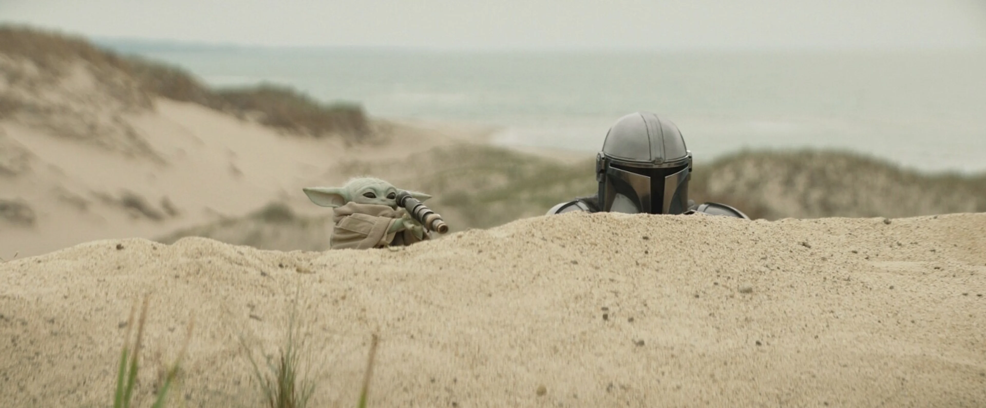 The Mandalorian and Grogu looking over a sandy ridge