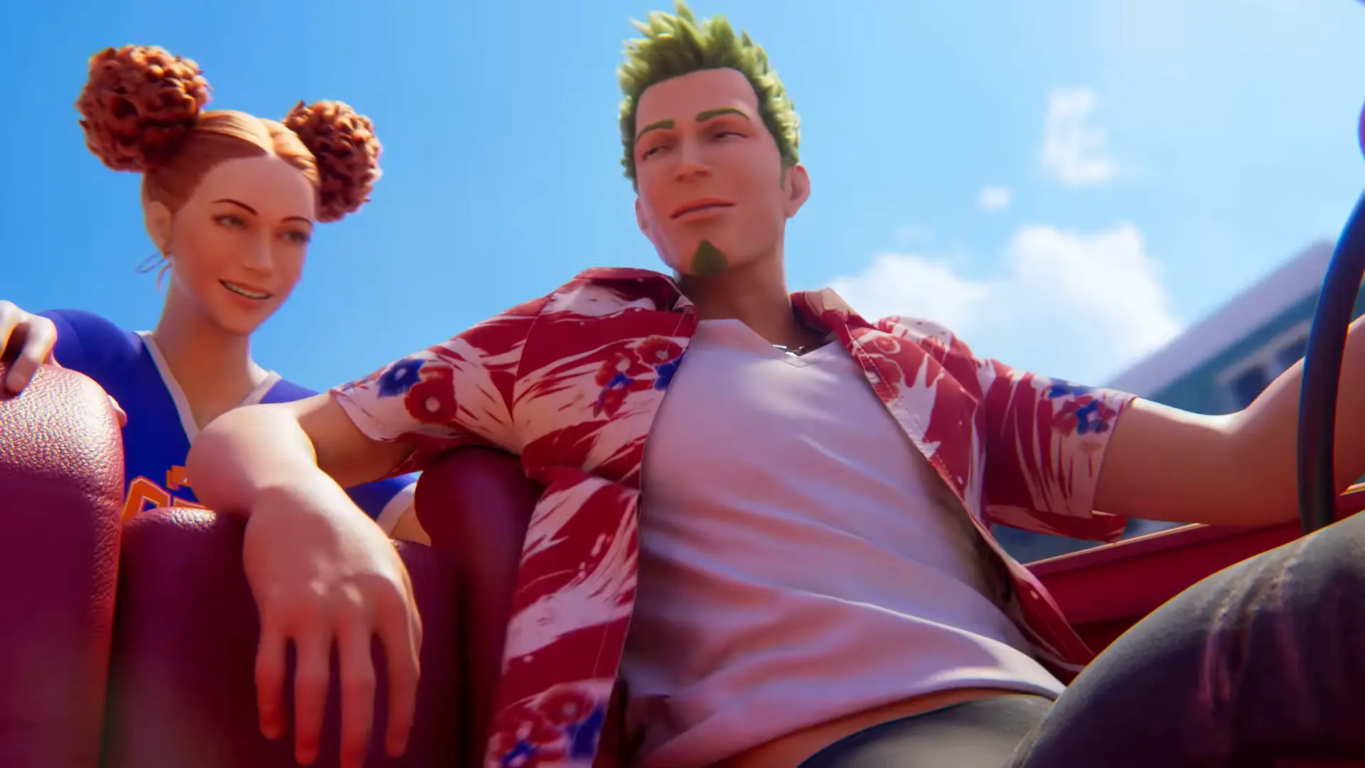 Axel drives a yellow taxi with a smiling passenger in Crazy Taxi: World Tour.