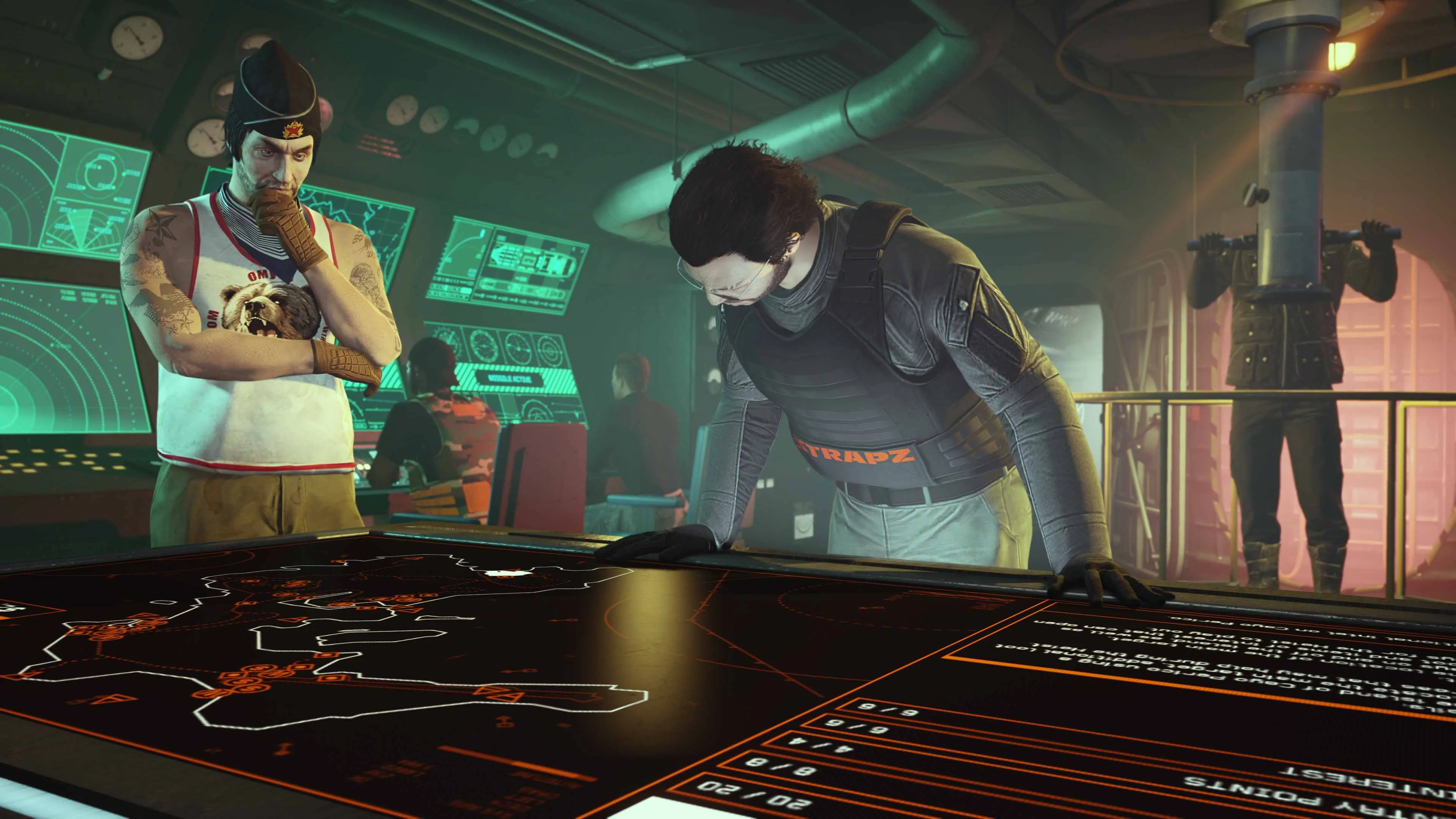 A GTA Online crew reviews plans for The Cayo Perico Heist inside the Kosatka.