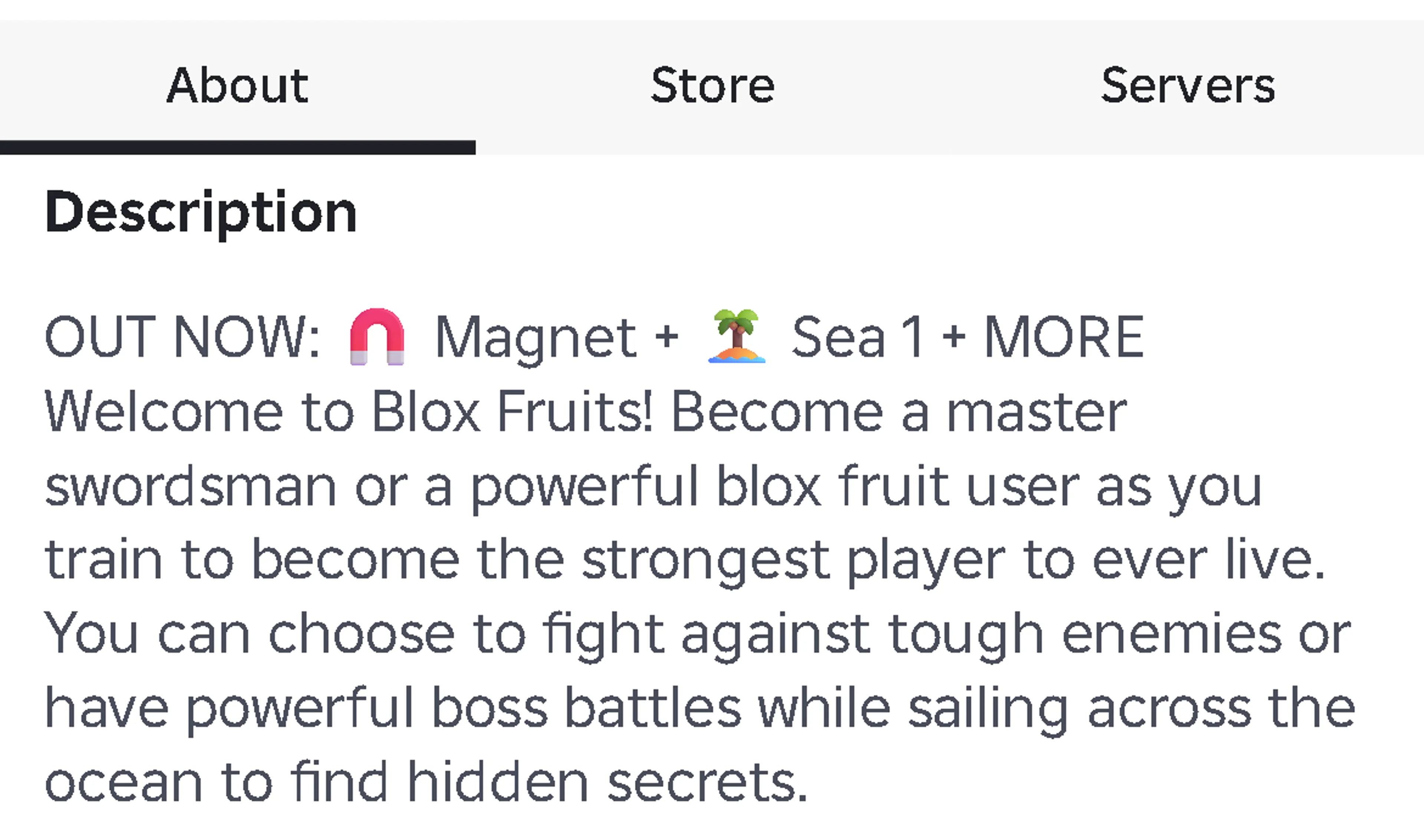 About is underlined on Blox Fruits’ Roblox page, above the Description heading, with Store and Servers beside it.