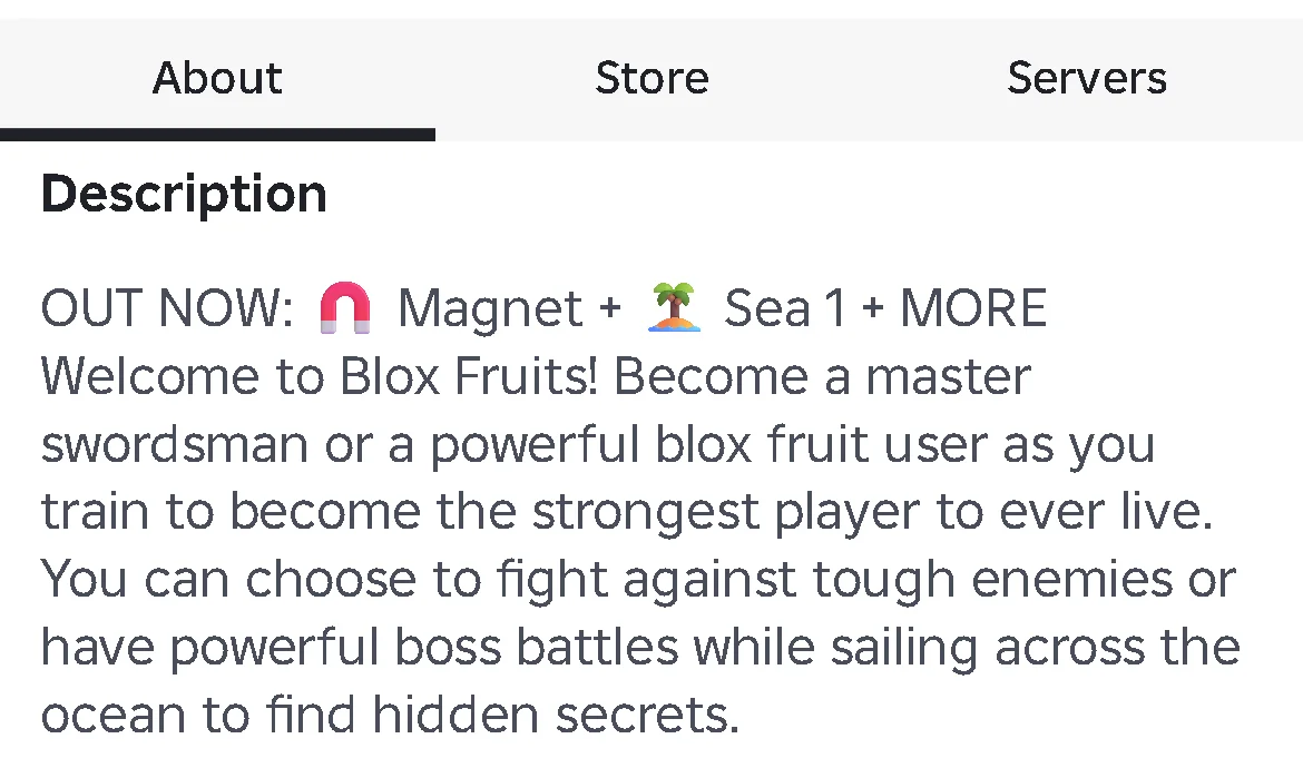 About is underlined on Blox Fruits’ Roblox page, above the Description heading, with Store and Servers beside it.