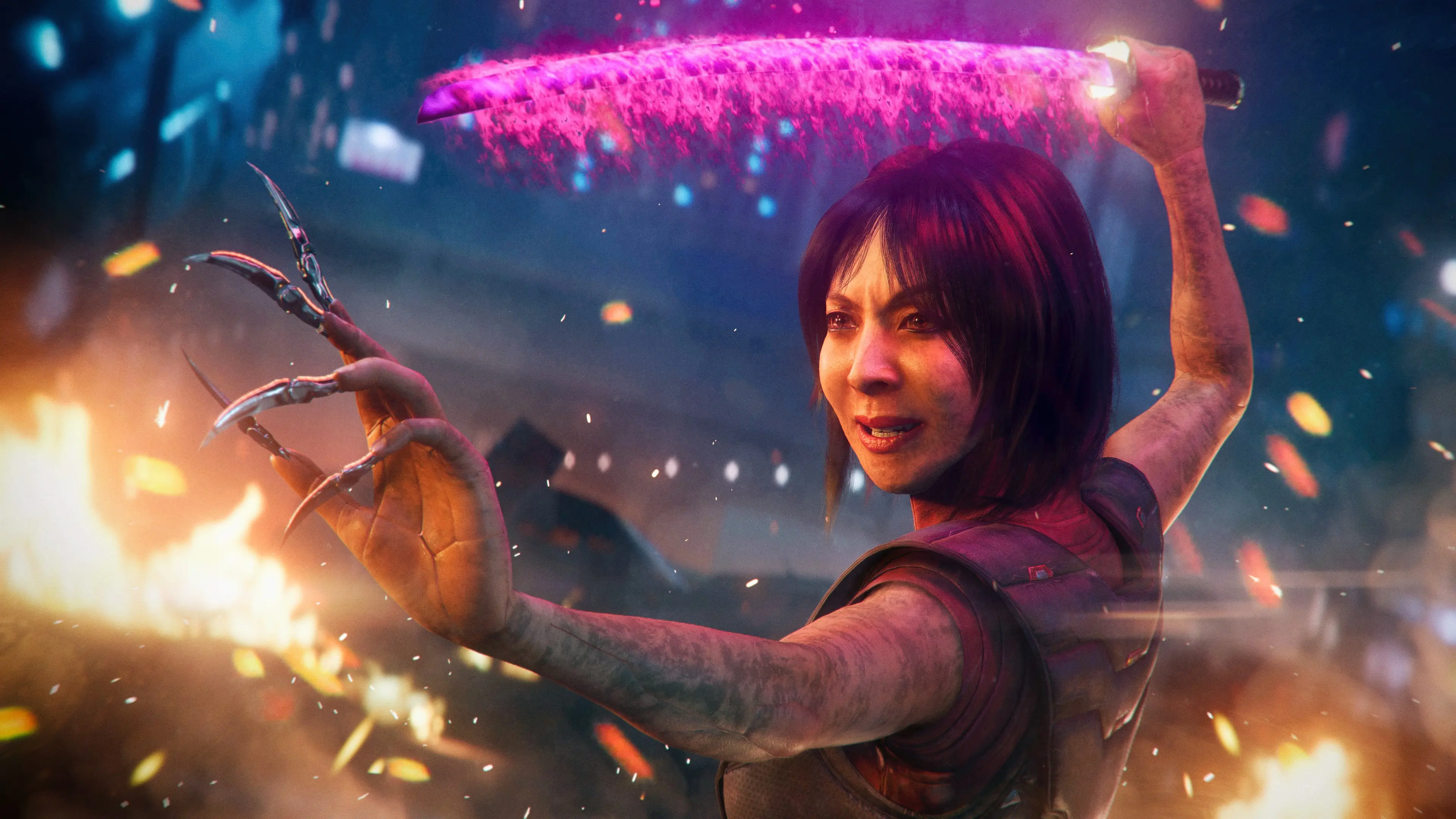 Lady Deathstrike raises her metal claws with flames behind her.