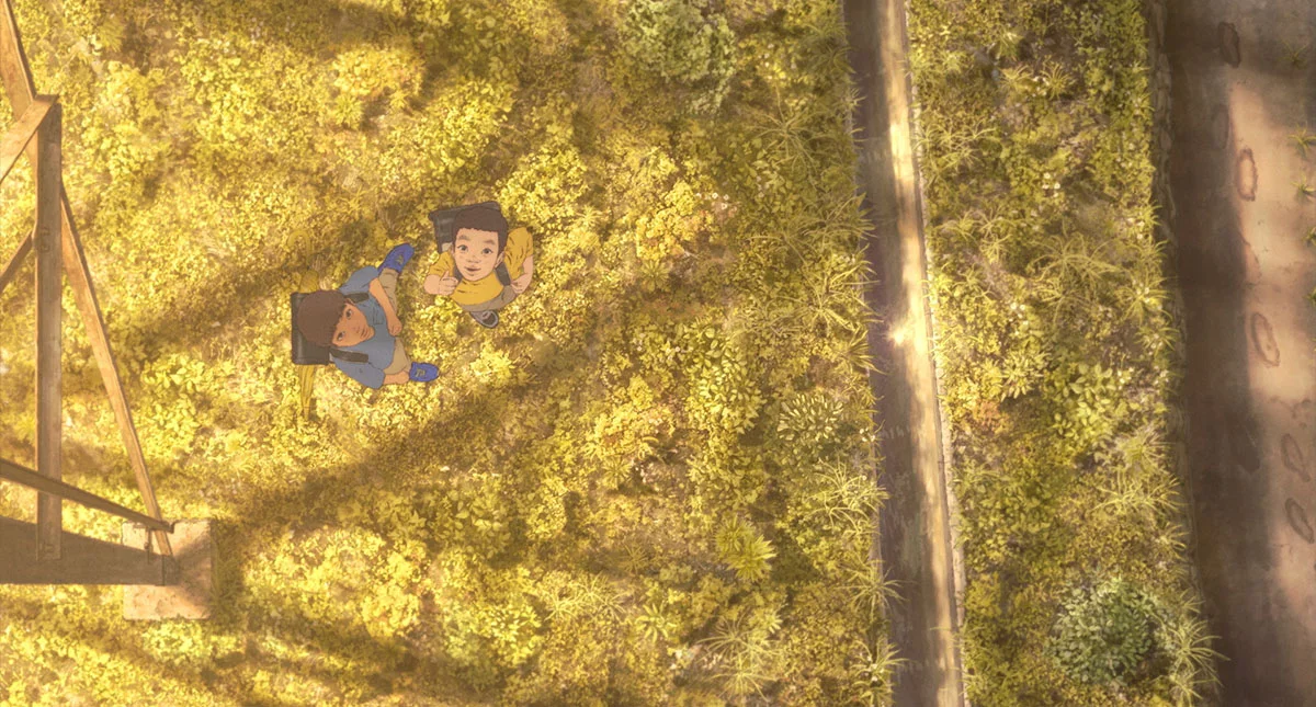 Animated children are surrounded by autumn-colored leaves.