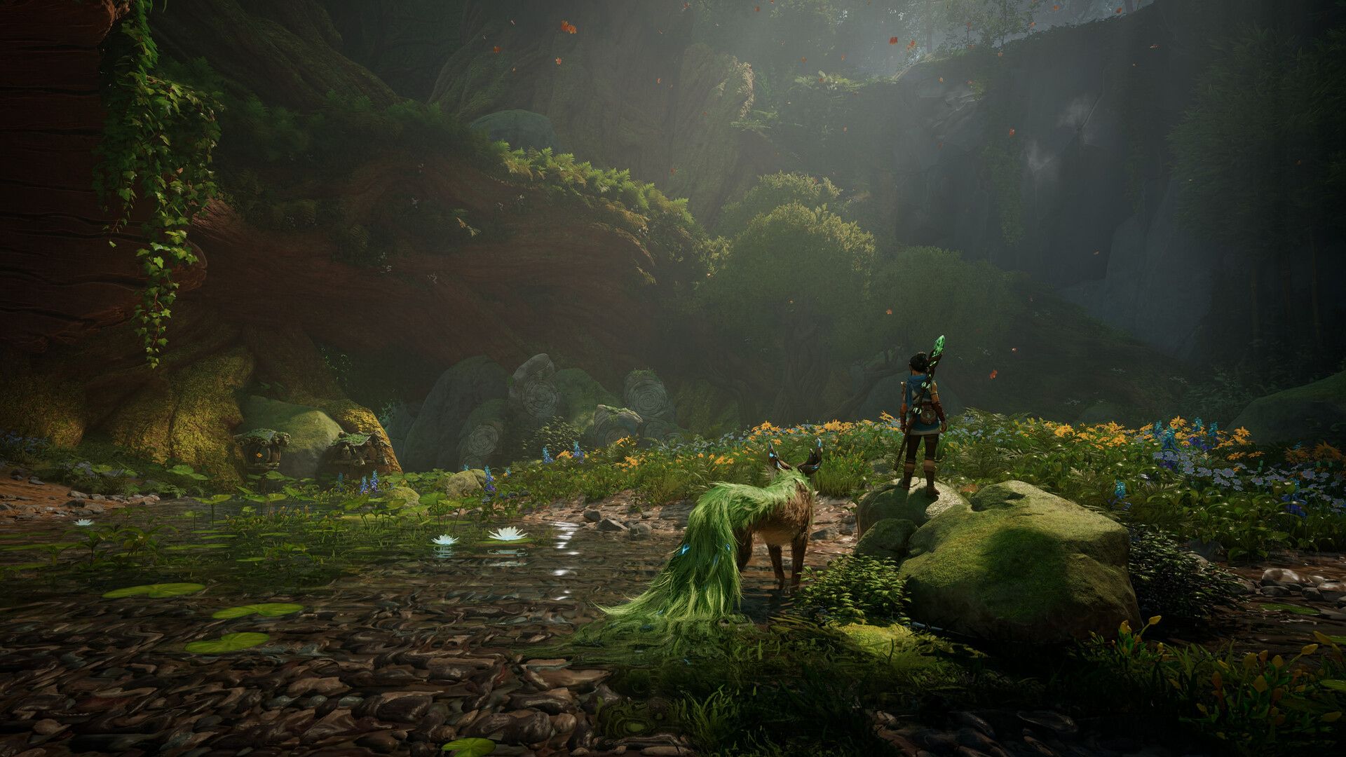 Kena and her spirit companion beside a stream and a shrine in Kosmora.