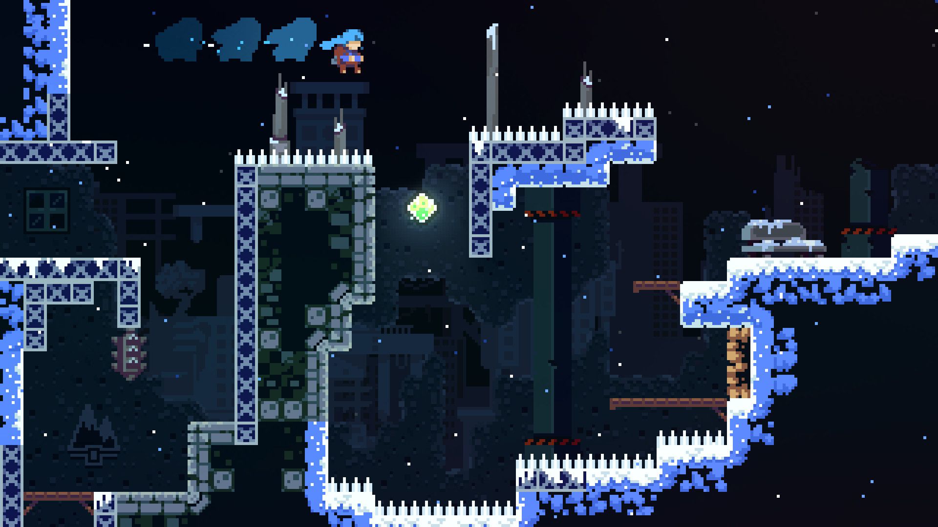 A dark Celeste room has narrow snowy ledges, spikes and a green collectible.