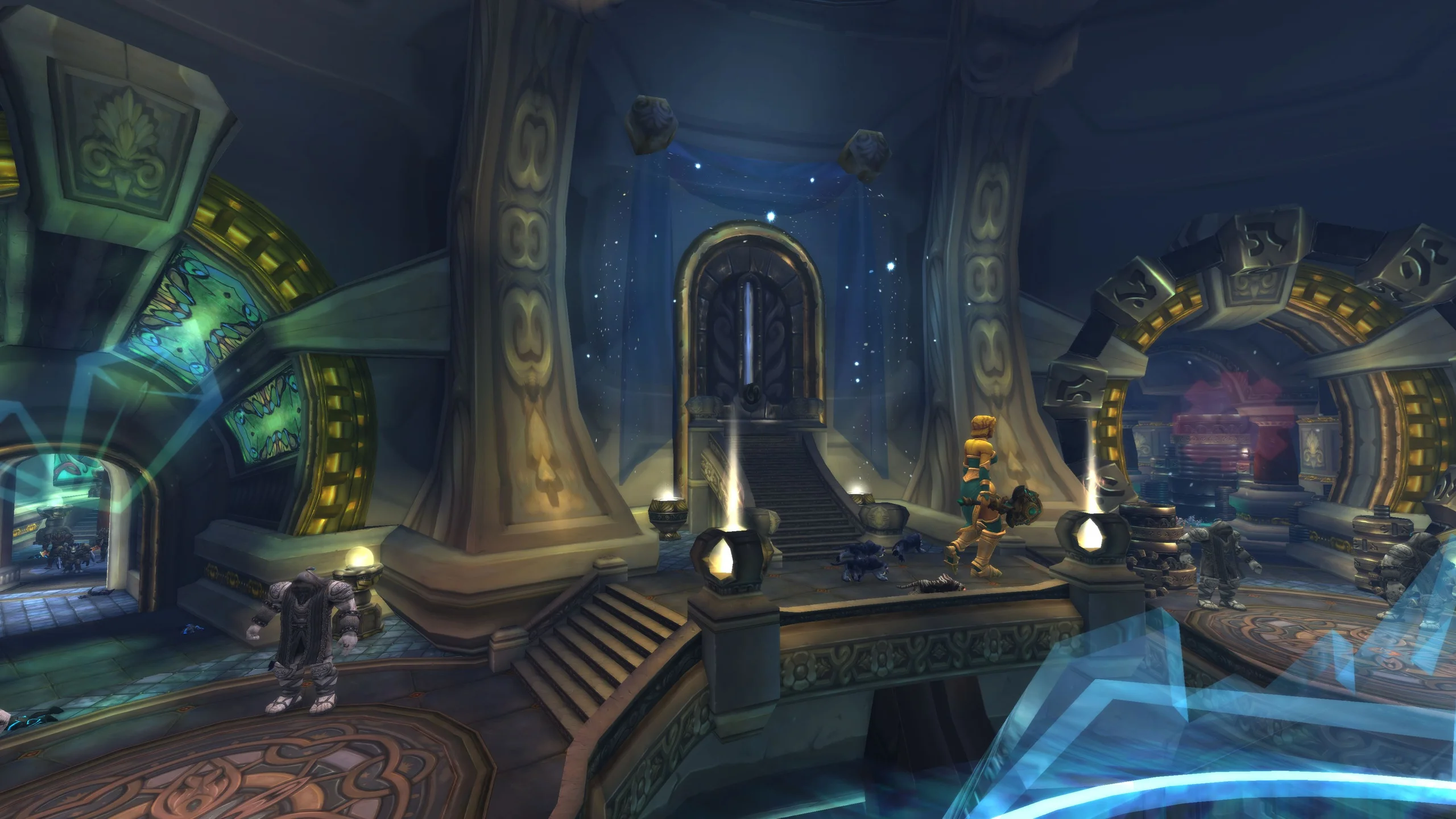 Players explore Titan machinery inside the Ulduar raid in World of Warcraft.