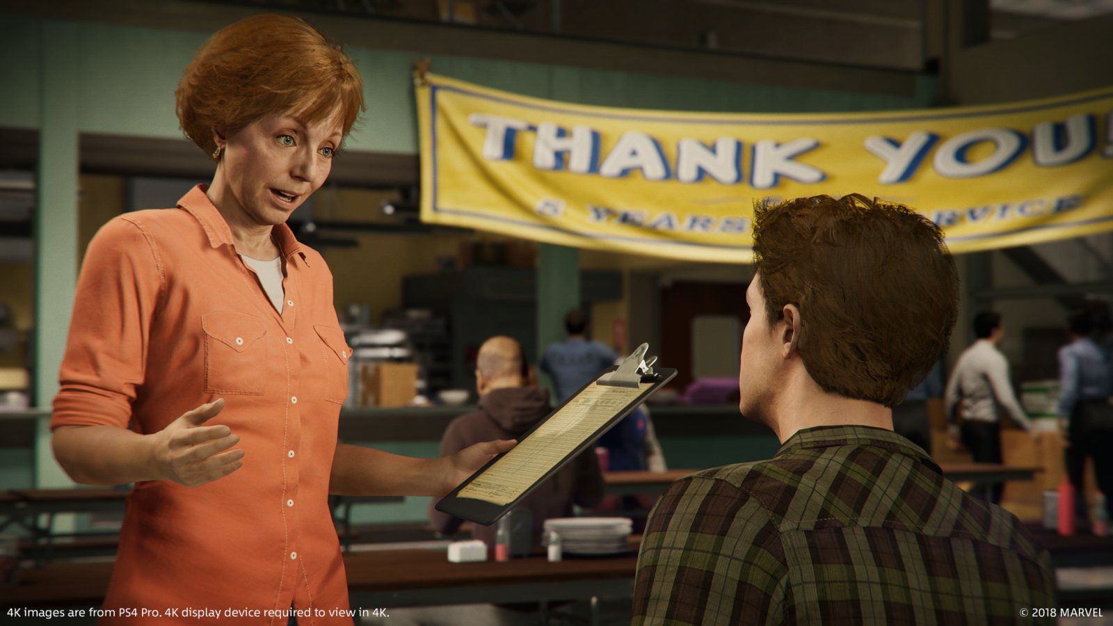 Aunt May speaks with Peter Parker at a community shelter.