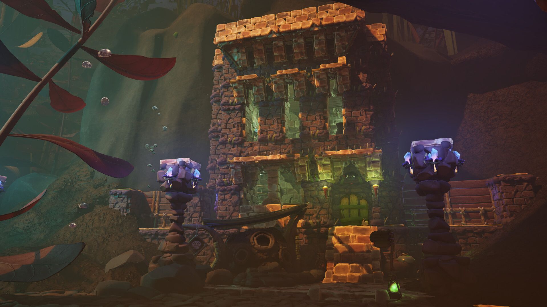 A stone building glows among giant leaves and purple crystal-covered figures in Grounded 2.