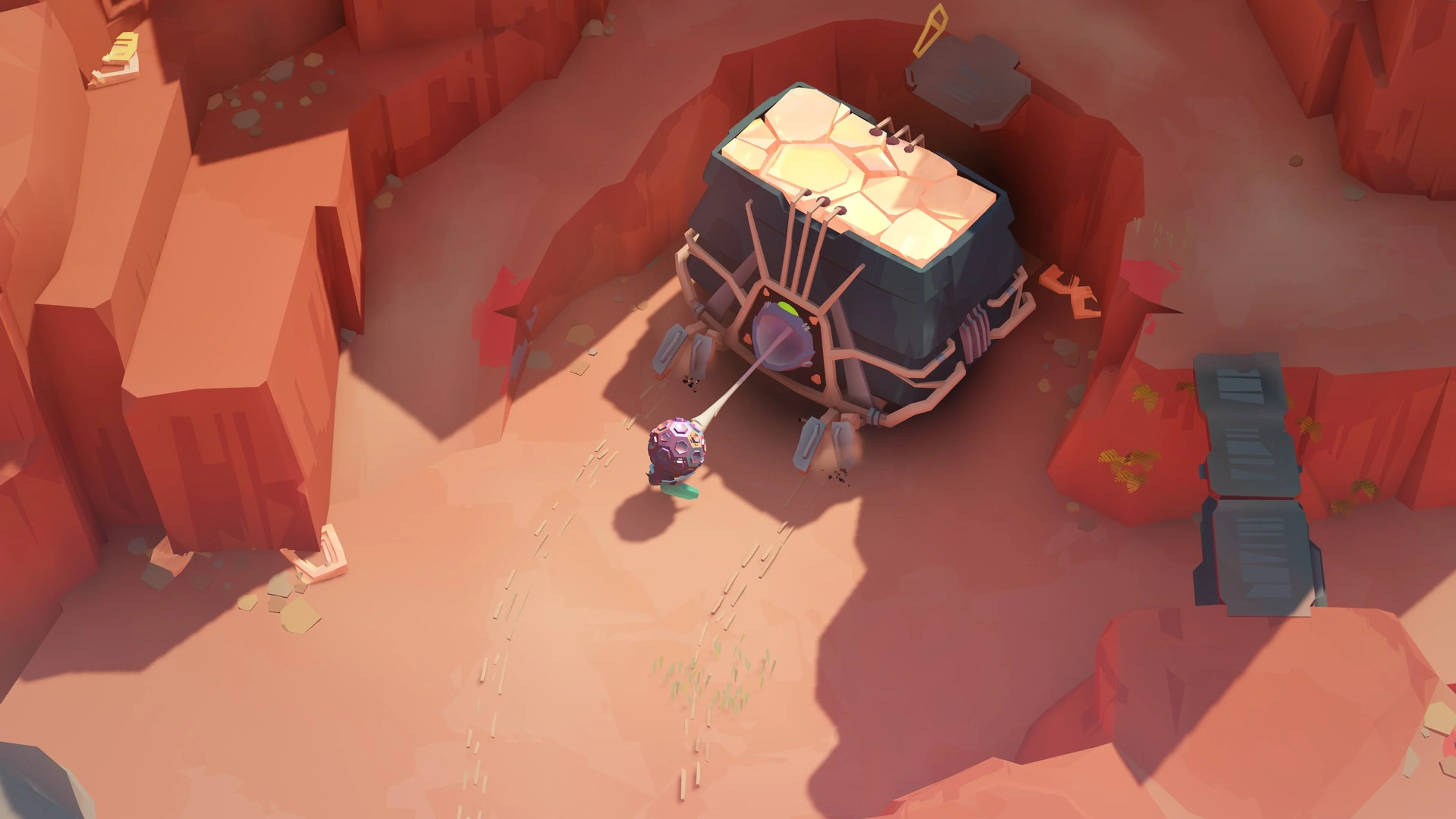 A small traveler carries a glowing world orb through an alien landscape in COCOON.