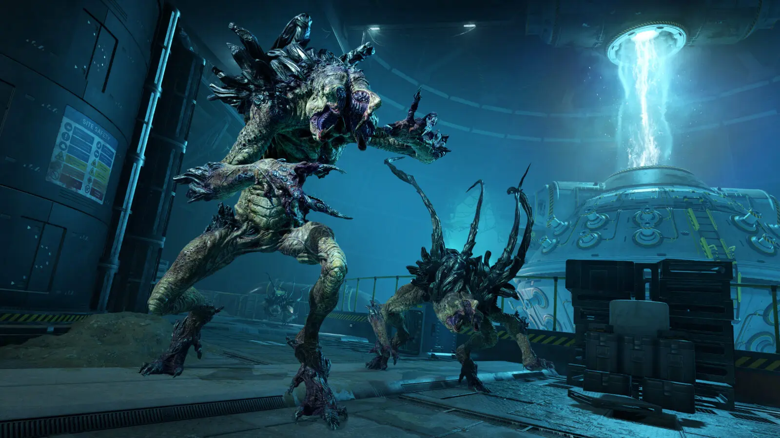 Two alien creatures charge through the blue-lit Reactor facility in Alien Deathstorm.