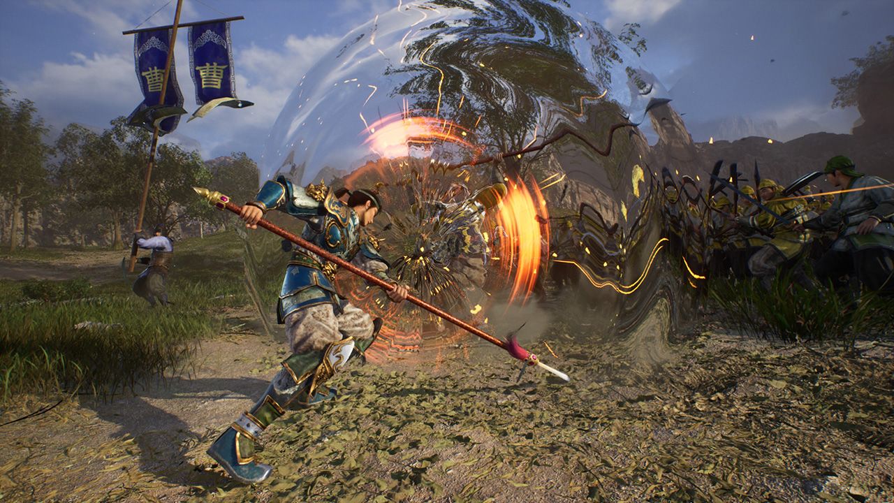 A spear-wielding officer attacks amid enemy soldiers and a swirling combat effect.