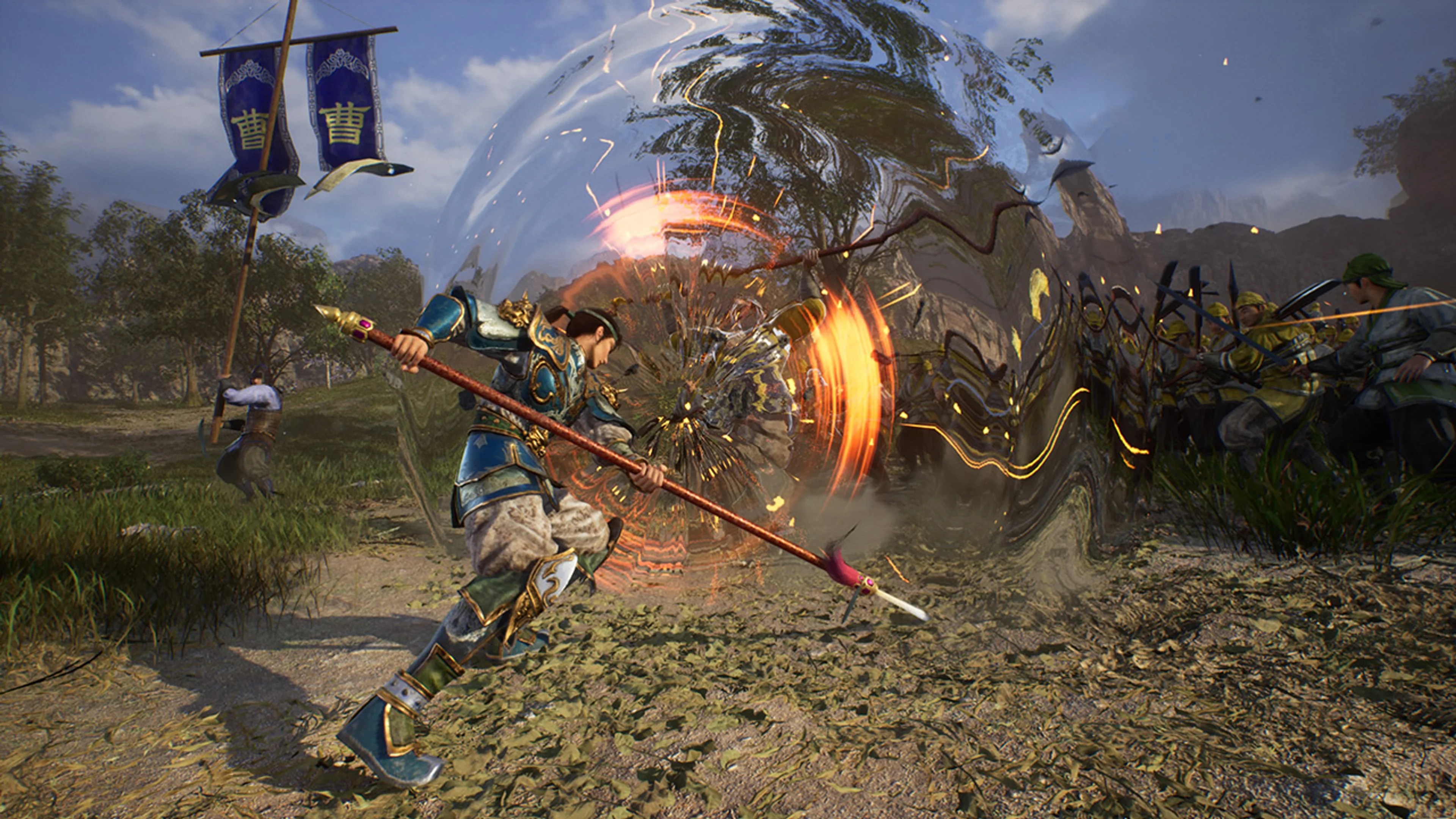 A spear-wielding officer attacks amid enemy soldiers and a swirling combat effect.