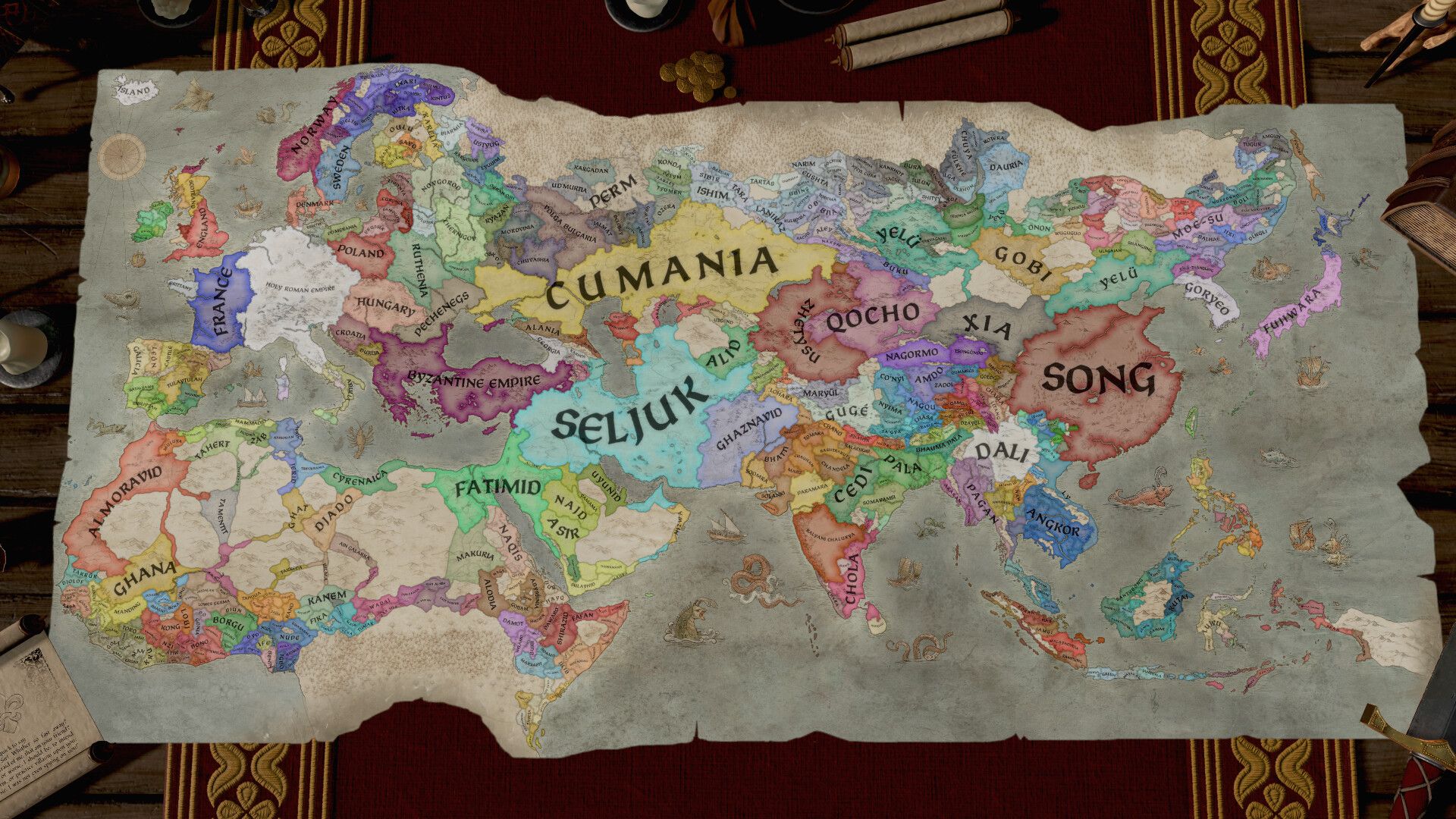 A medieval realm map shows many named territories and political borders.
