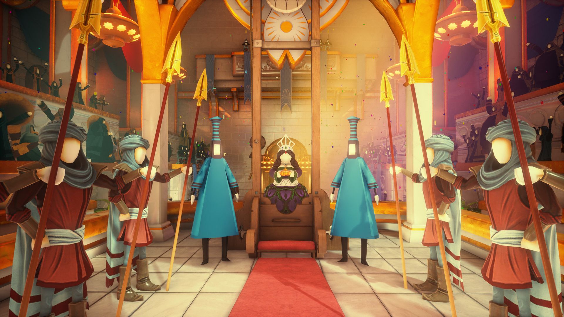 A theatrical miniature scene uses bright colors and staged figures.