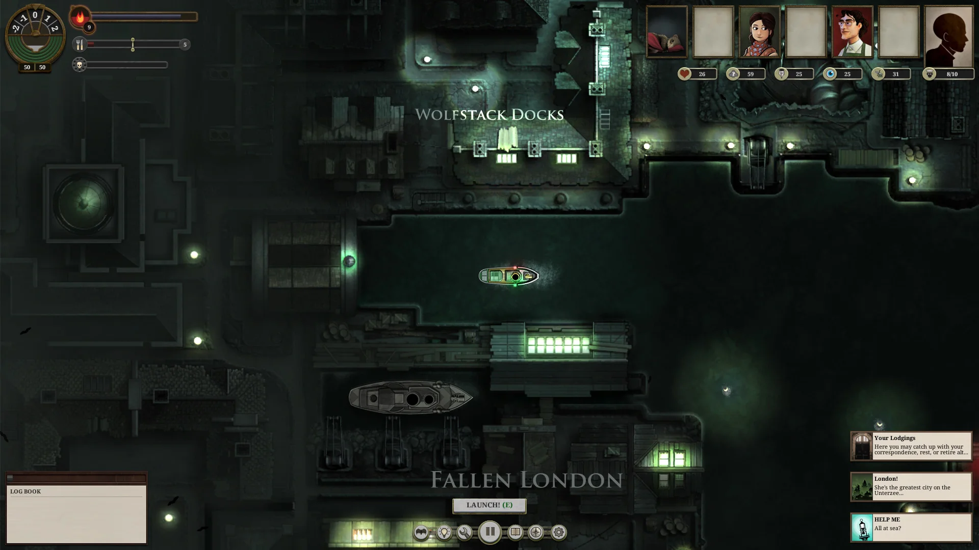 Official Sunless Sea screenshot of the ship docked at Wolfstack Docks in Fallen London, with Launch (E) visible near the bottom centre.