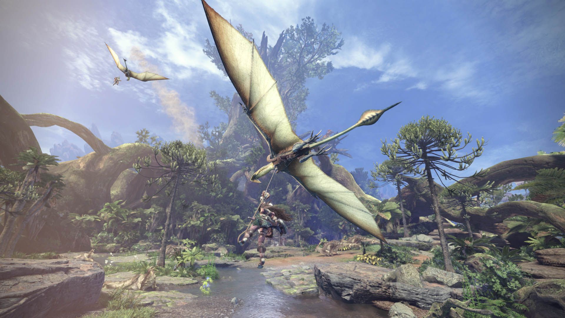 A winged monster glides over a hunter beneath trees and open sky.